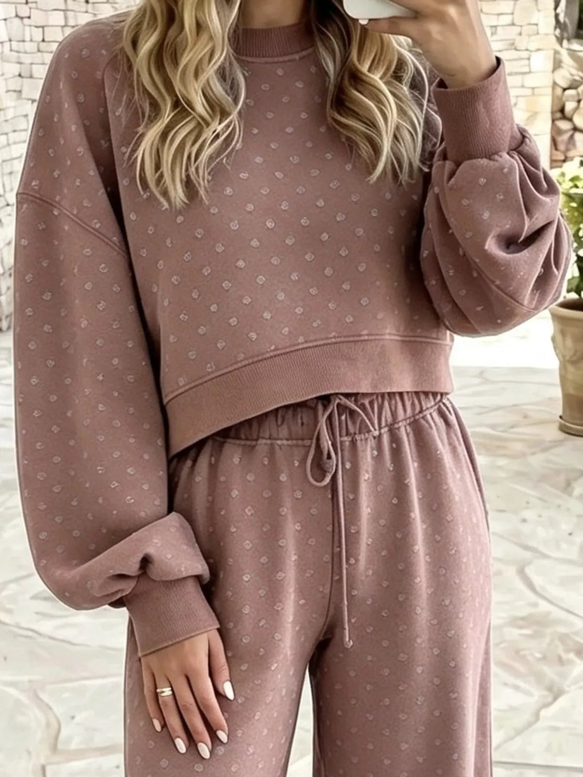 Pink swiss dot crop top and wide-leg pants set — design and construction details