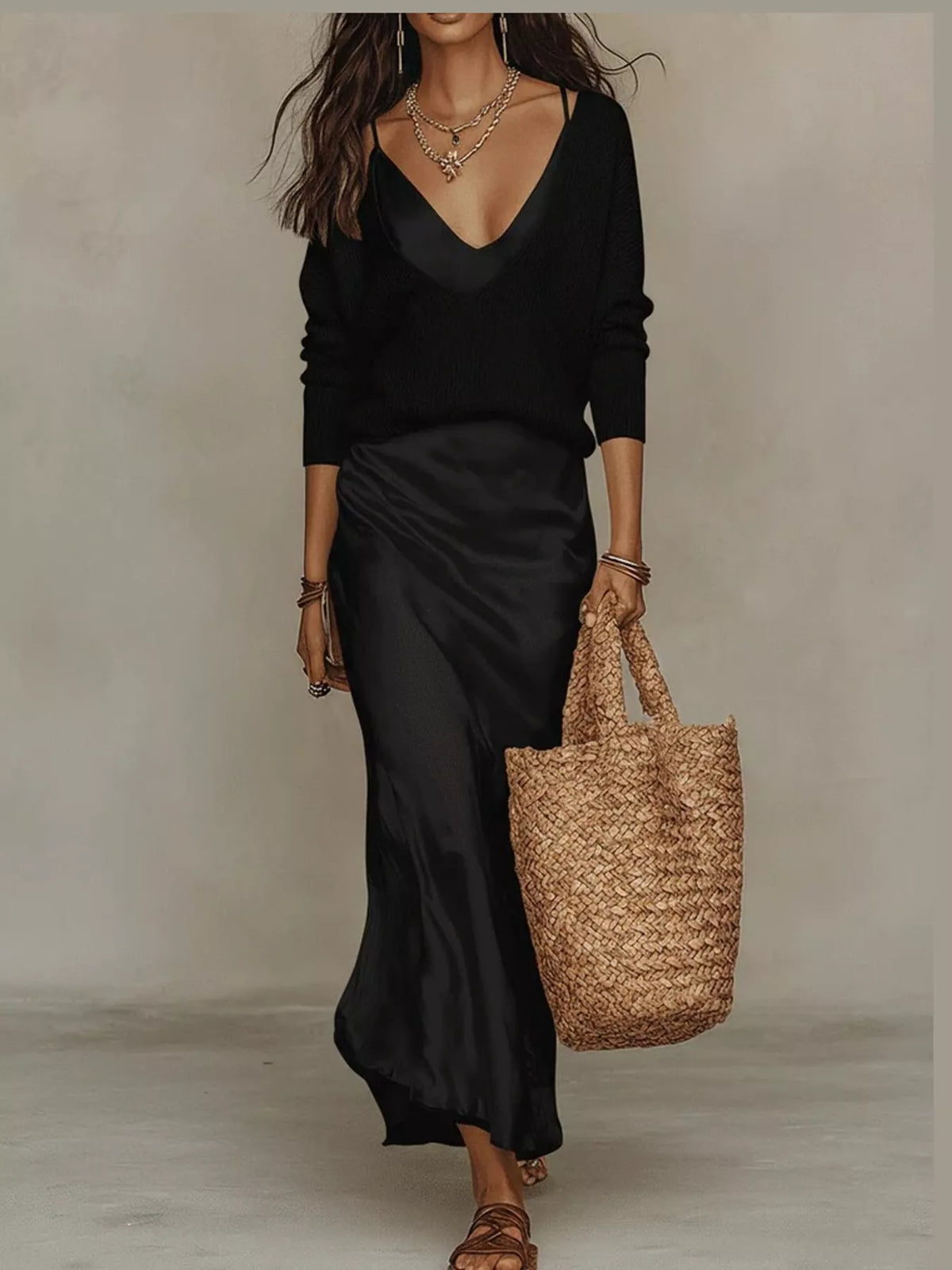 Satin Maxi Dress Two-Piece Set — front view