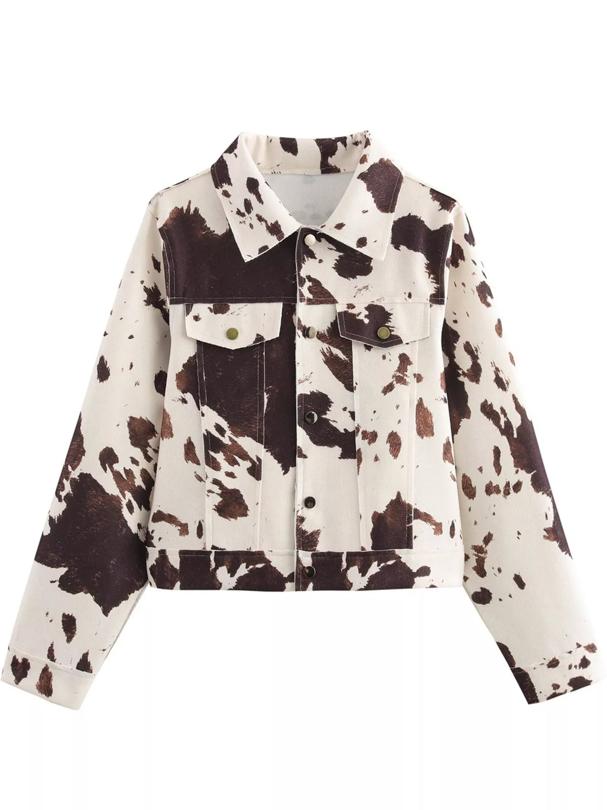 Women's Cow Print Button Up Jacket in brown and cream — flat lay view