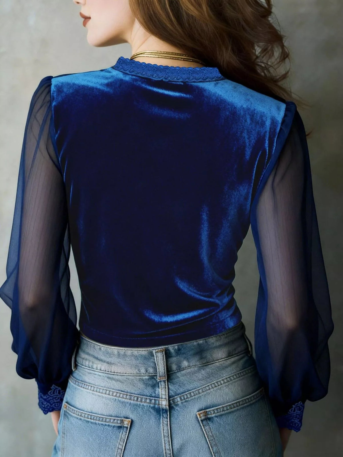 Royal blue lace-trim blouse, back view