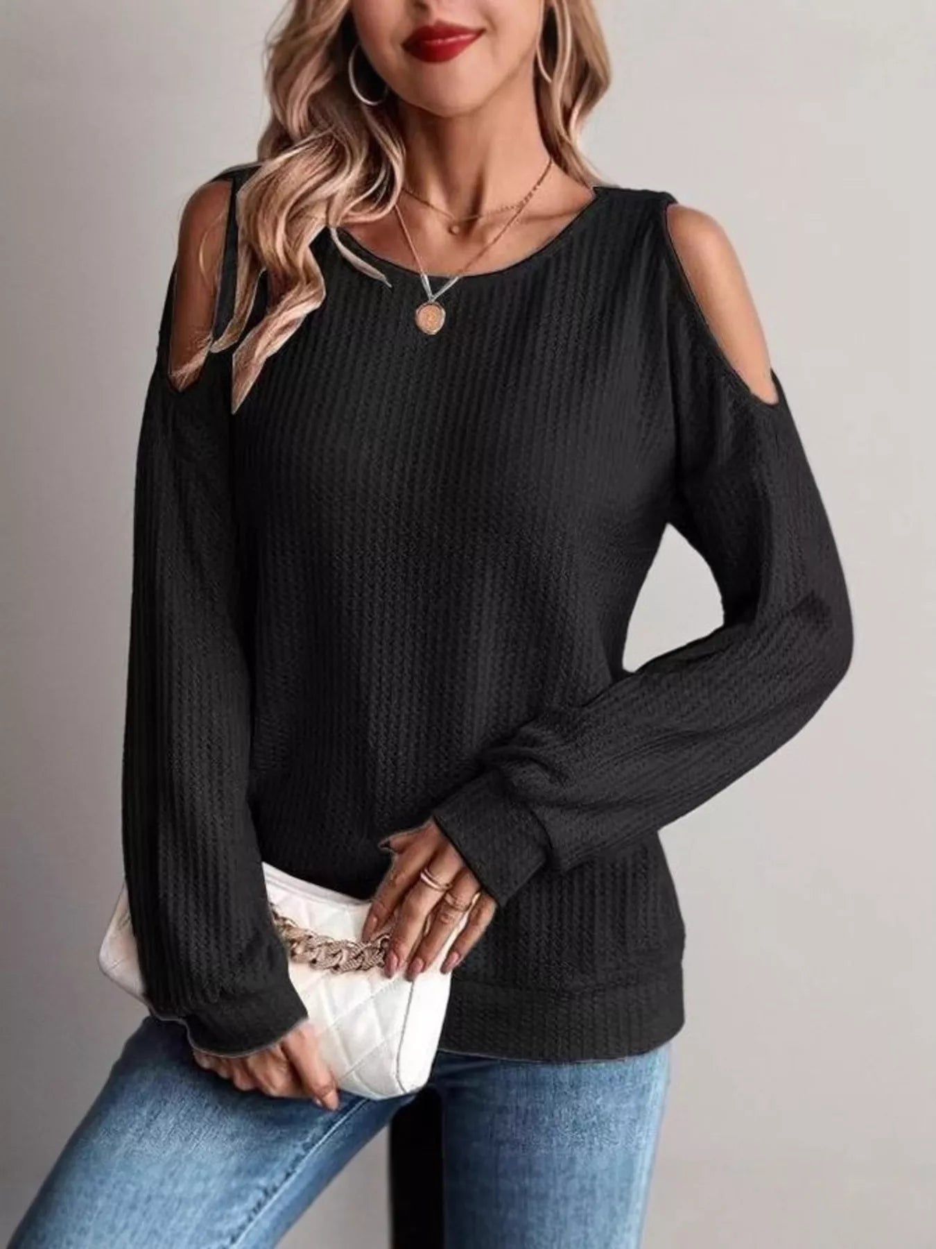 Trendsi Solid Color Cold Shoulder Long Sleeve T-Shirt -