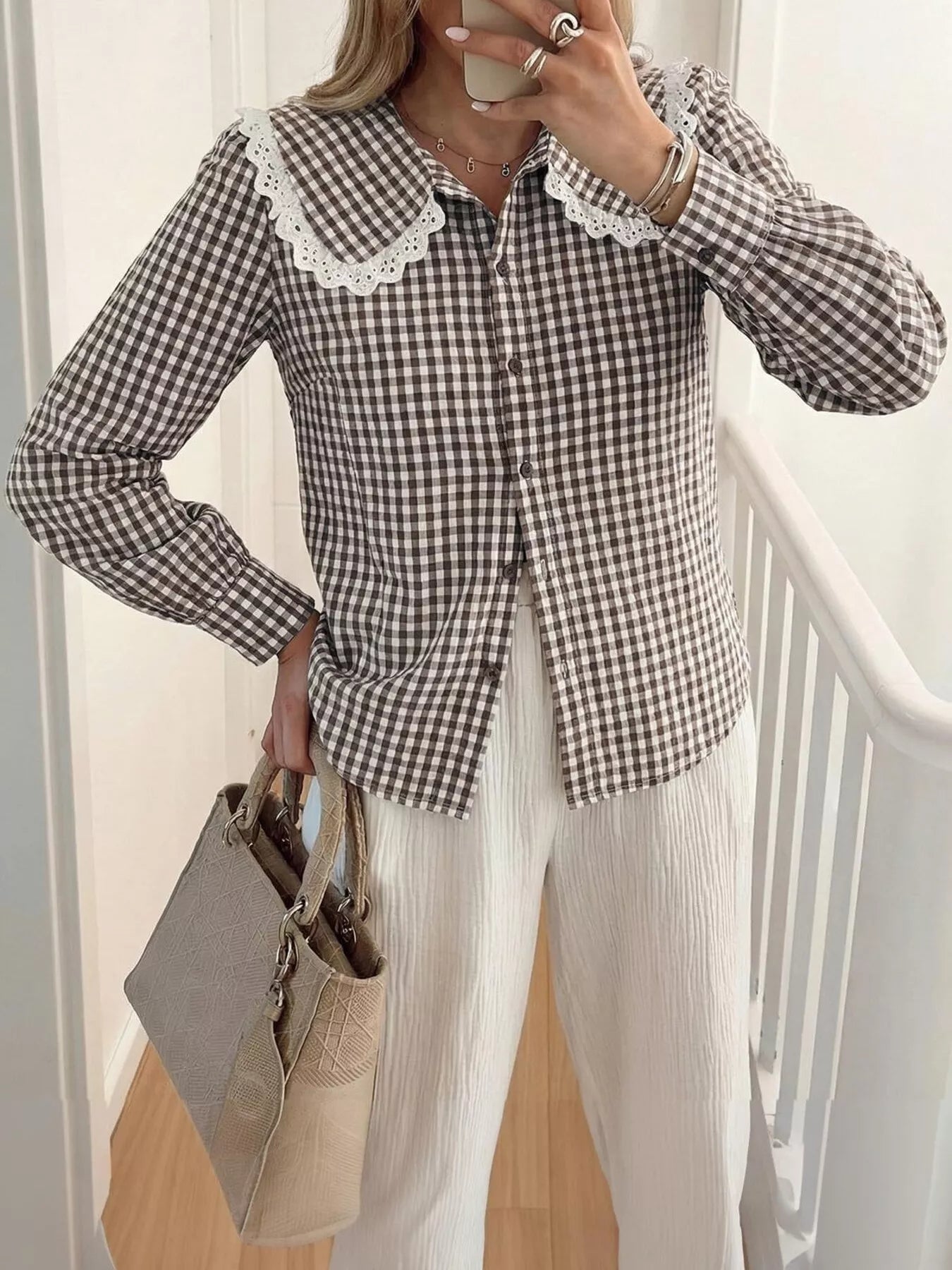 Trendsi Lace Peter Pan Collar Button Up Shirt -