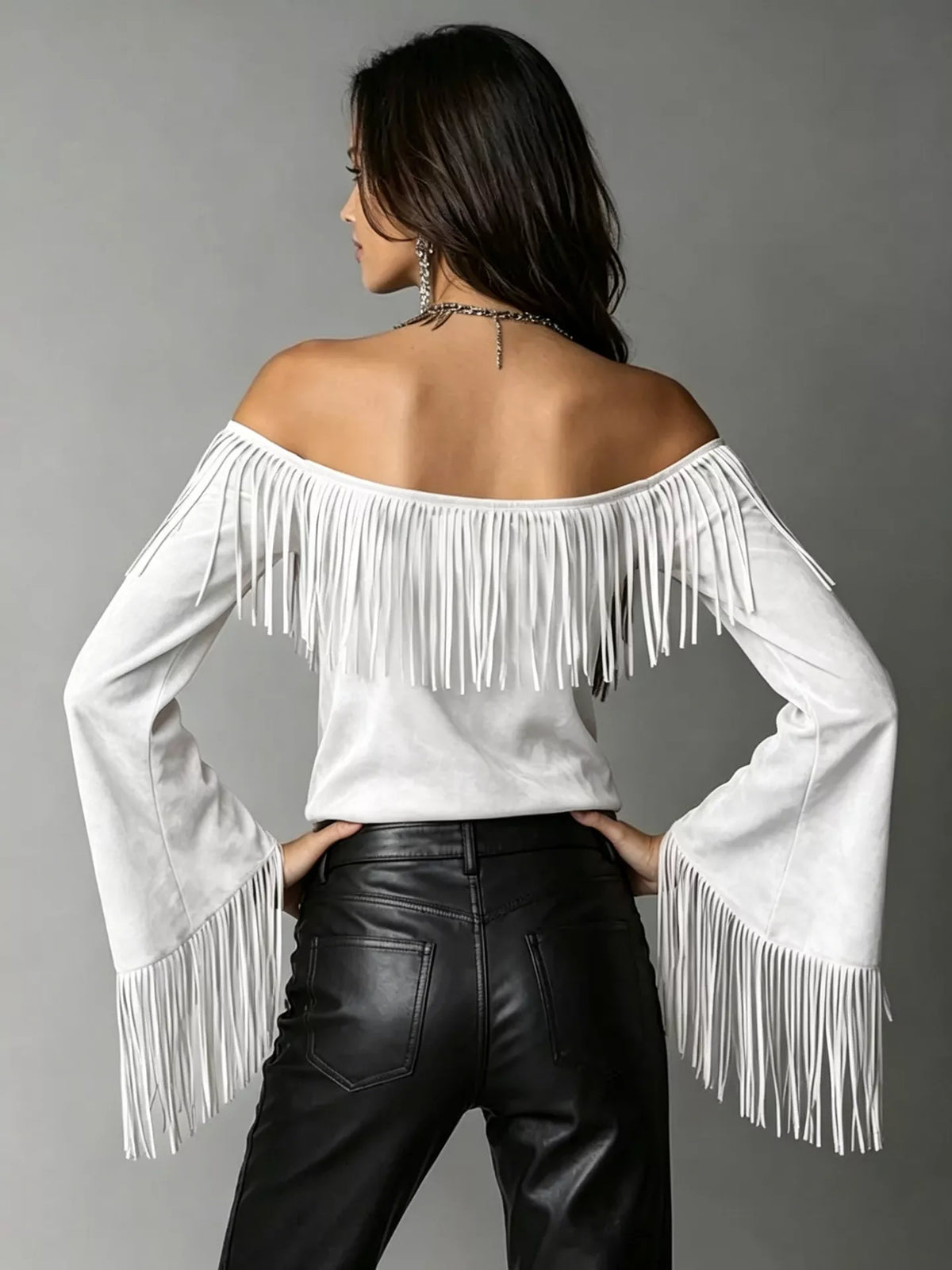 Fringed Off-Shoulder T-Shirt in white, back view
