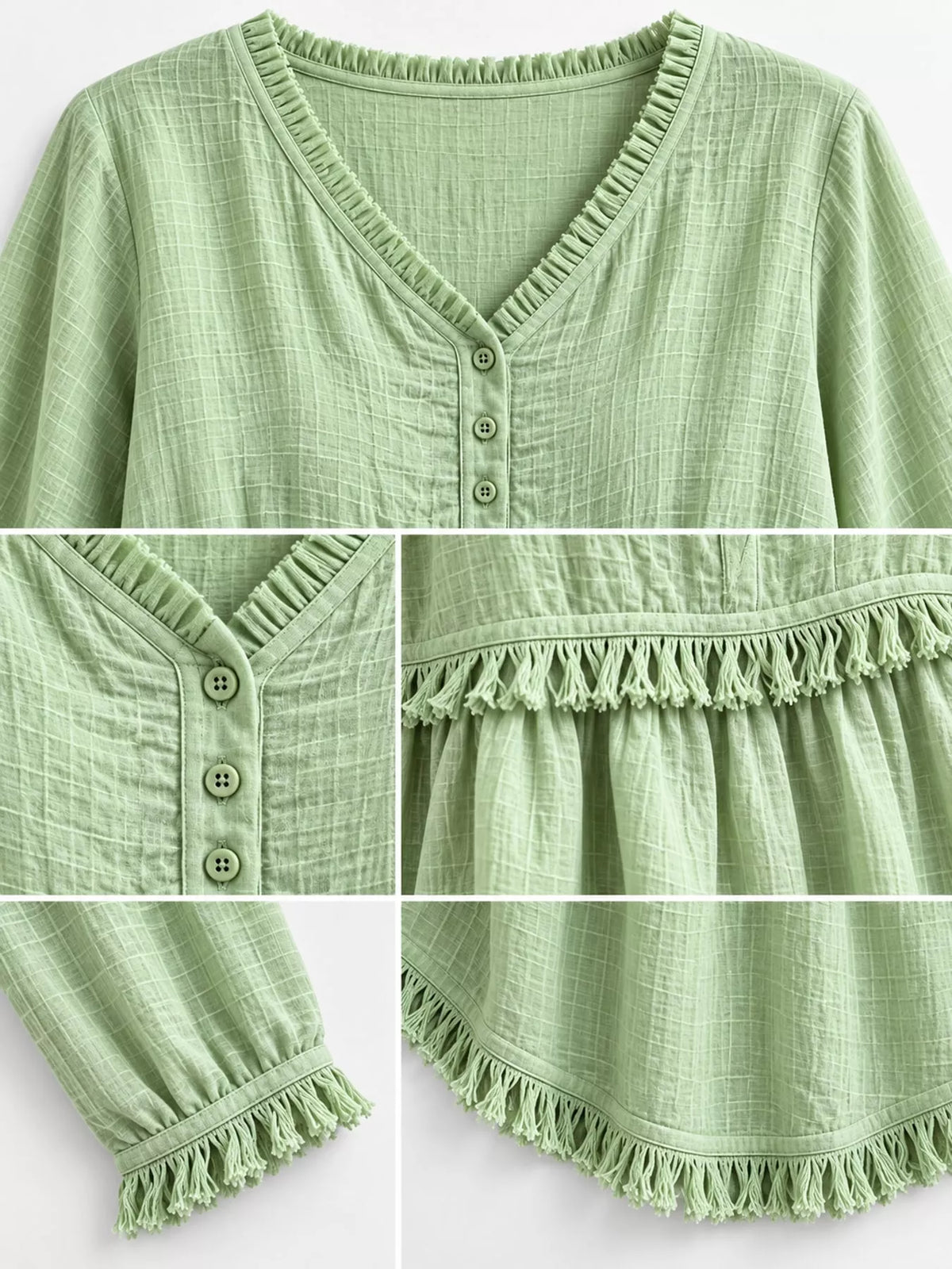 Fringe-trim blouse, light green neckline and hem detail