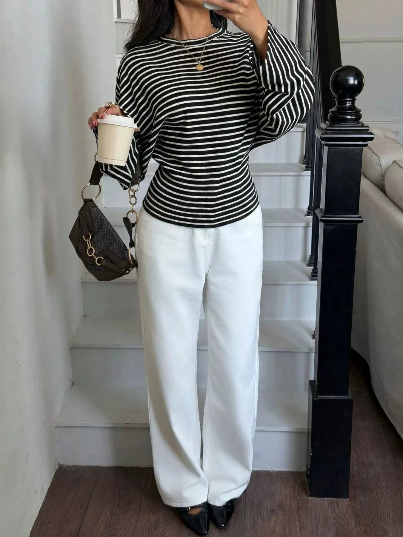 Trendsi Casual Striped Batwing Sleeve T-Shirt -