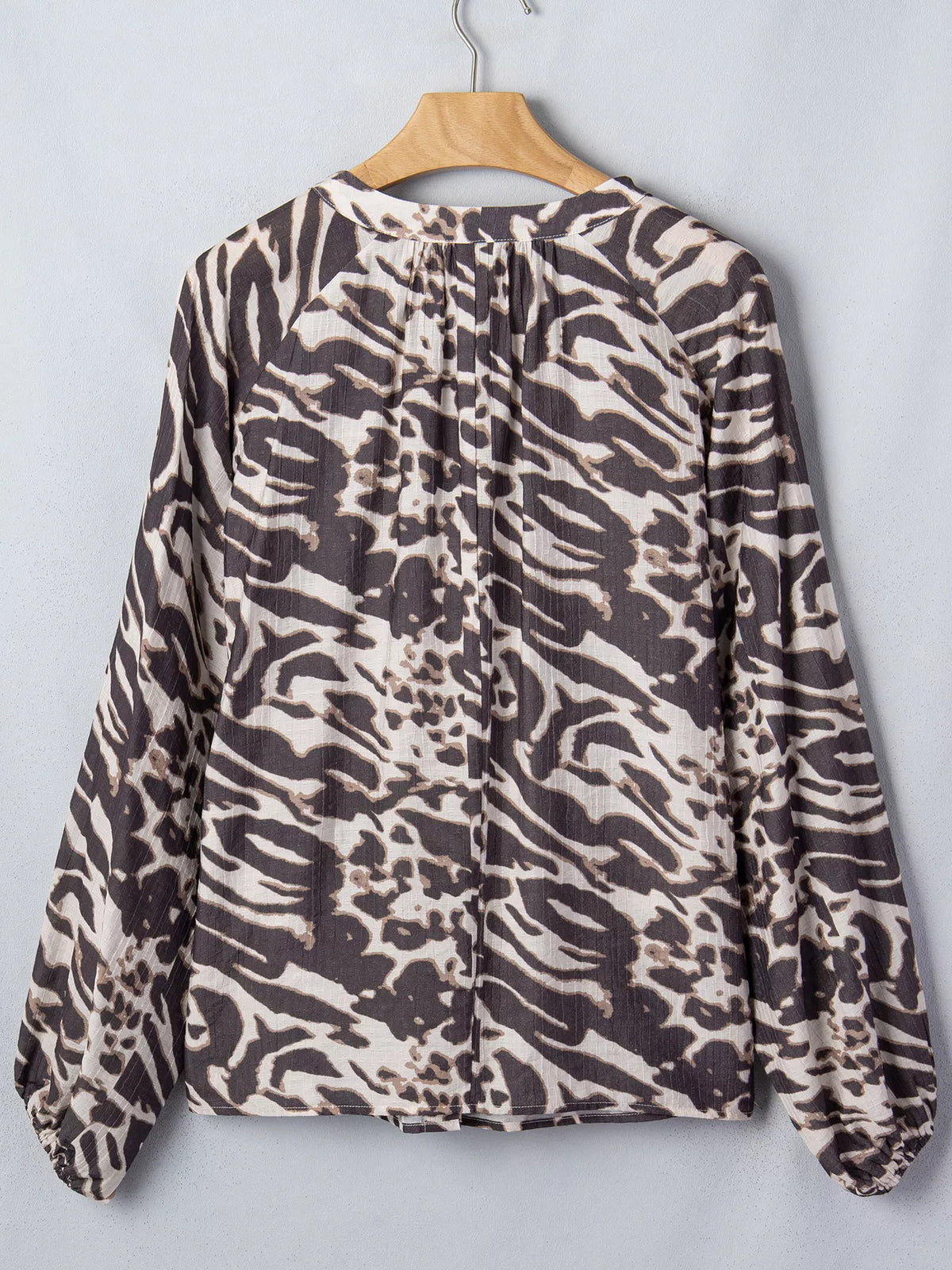 Leopard Print V Neck Button Down Balloon Sleeve Shirt in dark brown, back view