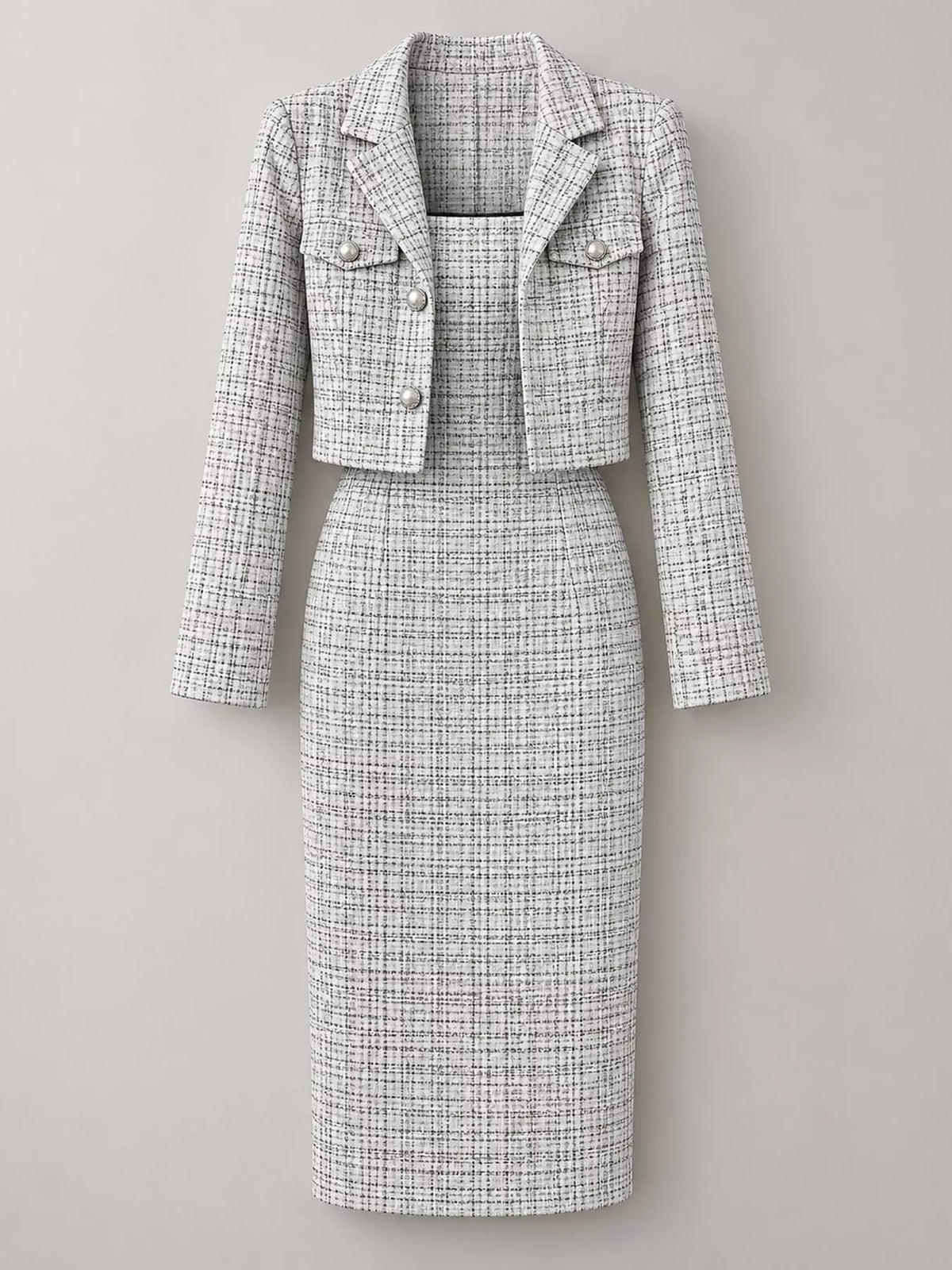 Tweed dress and cardigan set, gray flat set