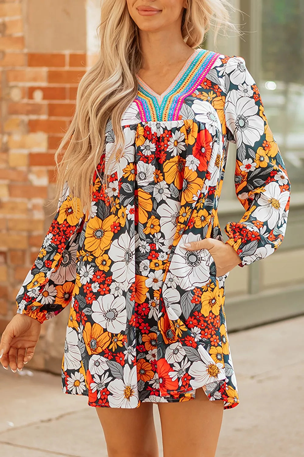 Trendsi Boho Floral Print V-Neck Mini Dress with Pockets - Dresses