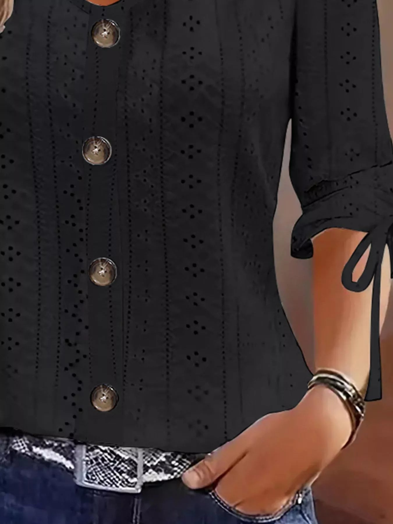 Trendsi Eyelet Tie-Sleeve Detail Top -