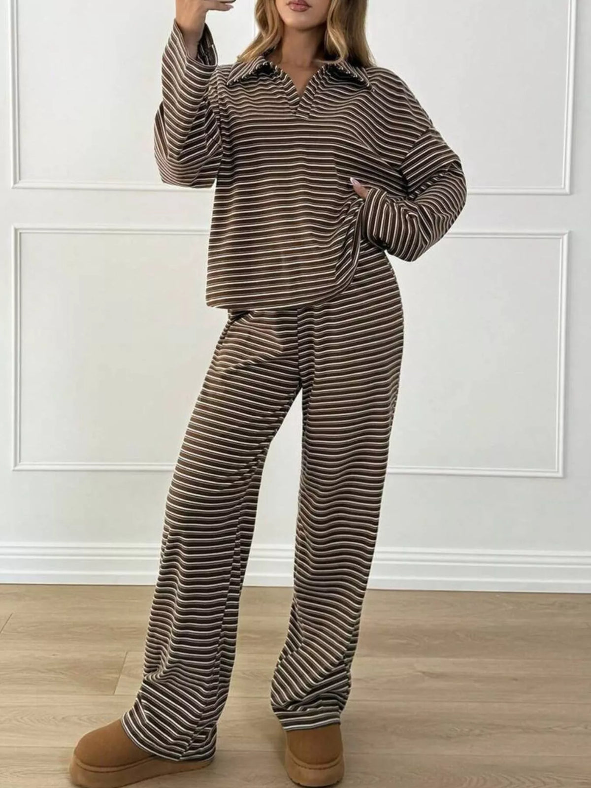 Striped Polo Top and Wide-Leg Pants Set, front view
