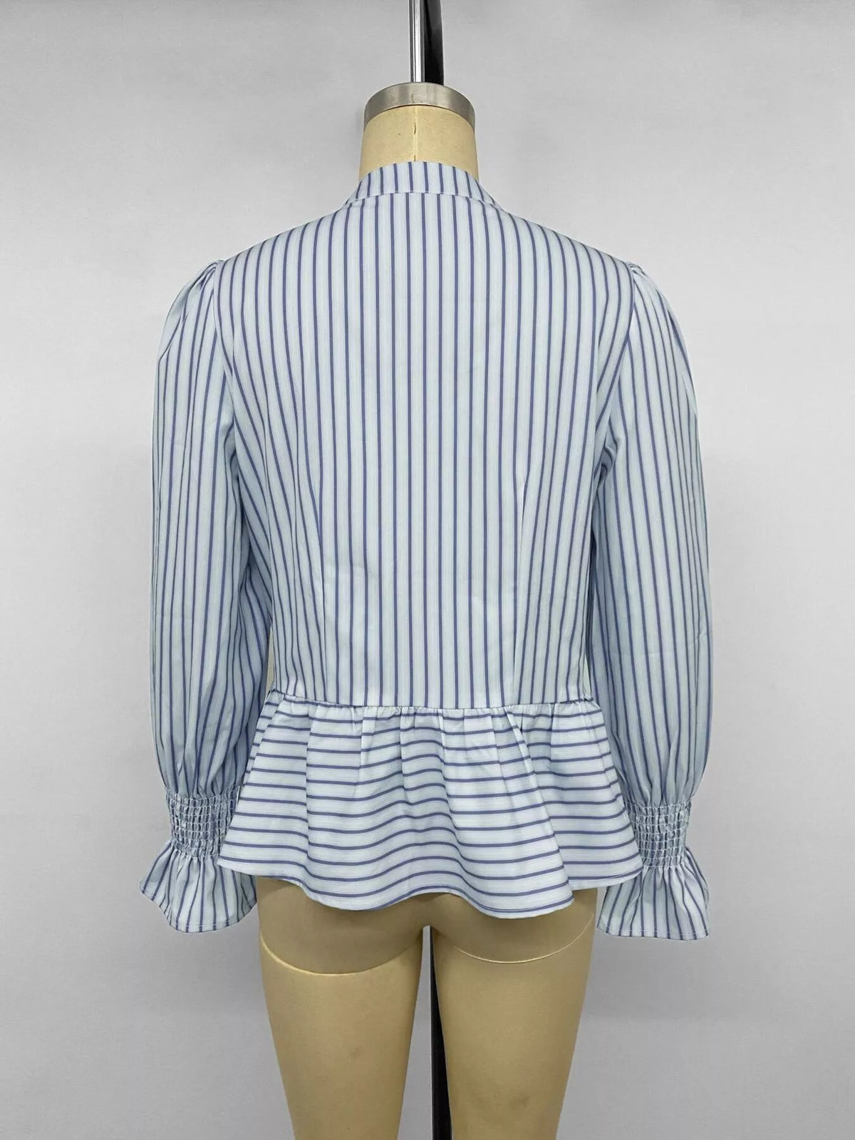 Trendsi Striped Mandarin Knot Buttons Peplum Hem Shirt -