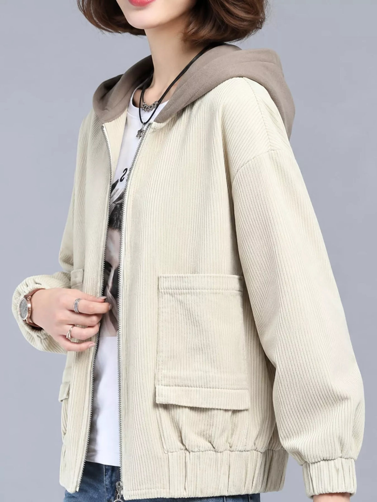 Cream corduroy hooded zip-up jacket — front view