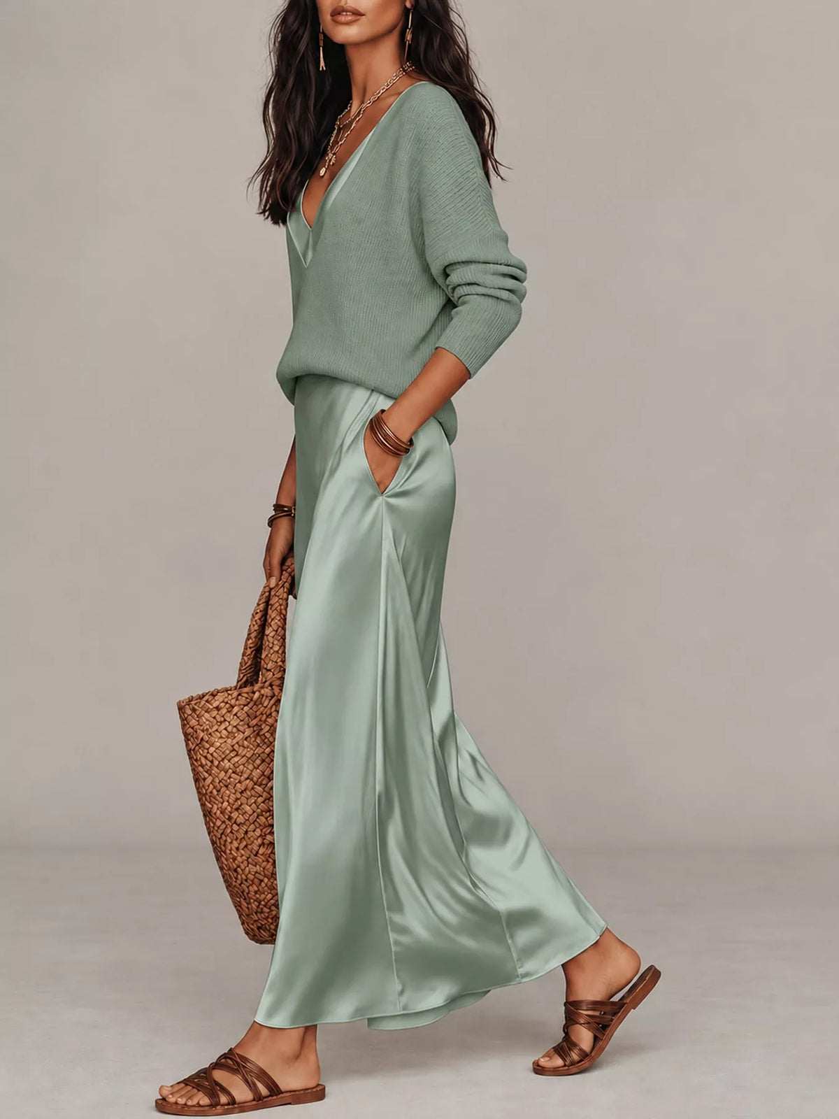 Dark Blue-Set v-neck top and satin midi skirt set
