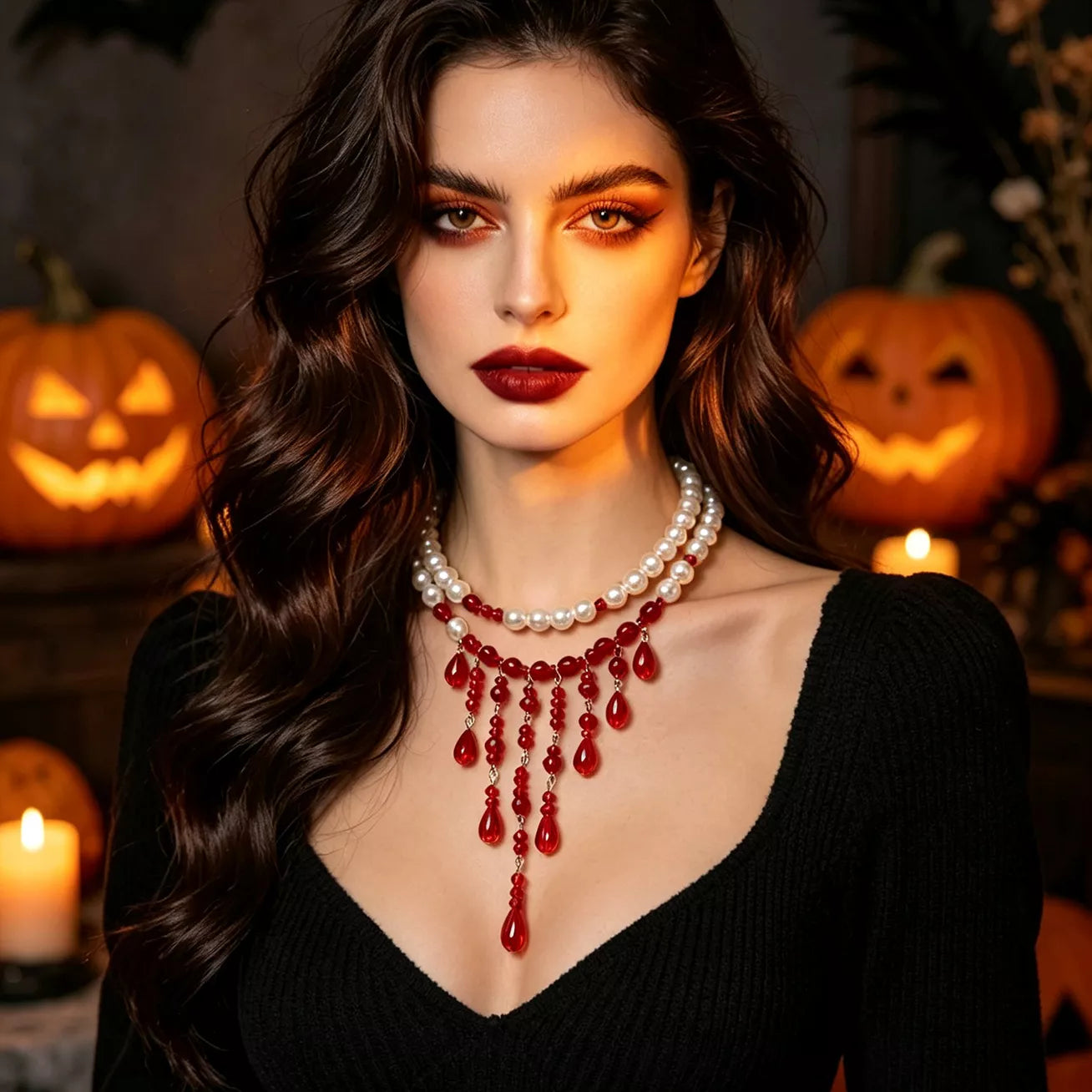 Trendsi Halloween Teardrop Beaded Double Layered Necklace -