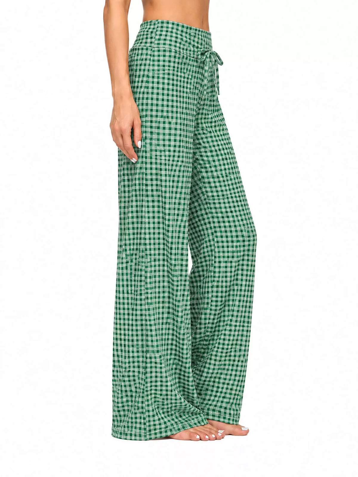 Green gingham drawstring wide-leg pants — side view