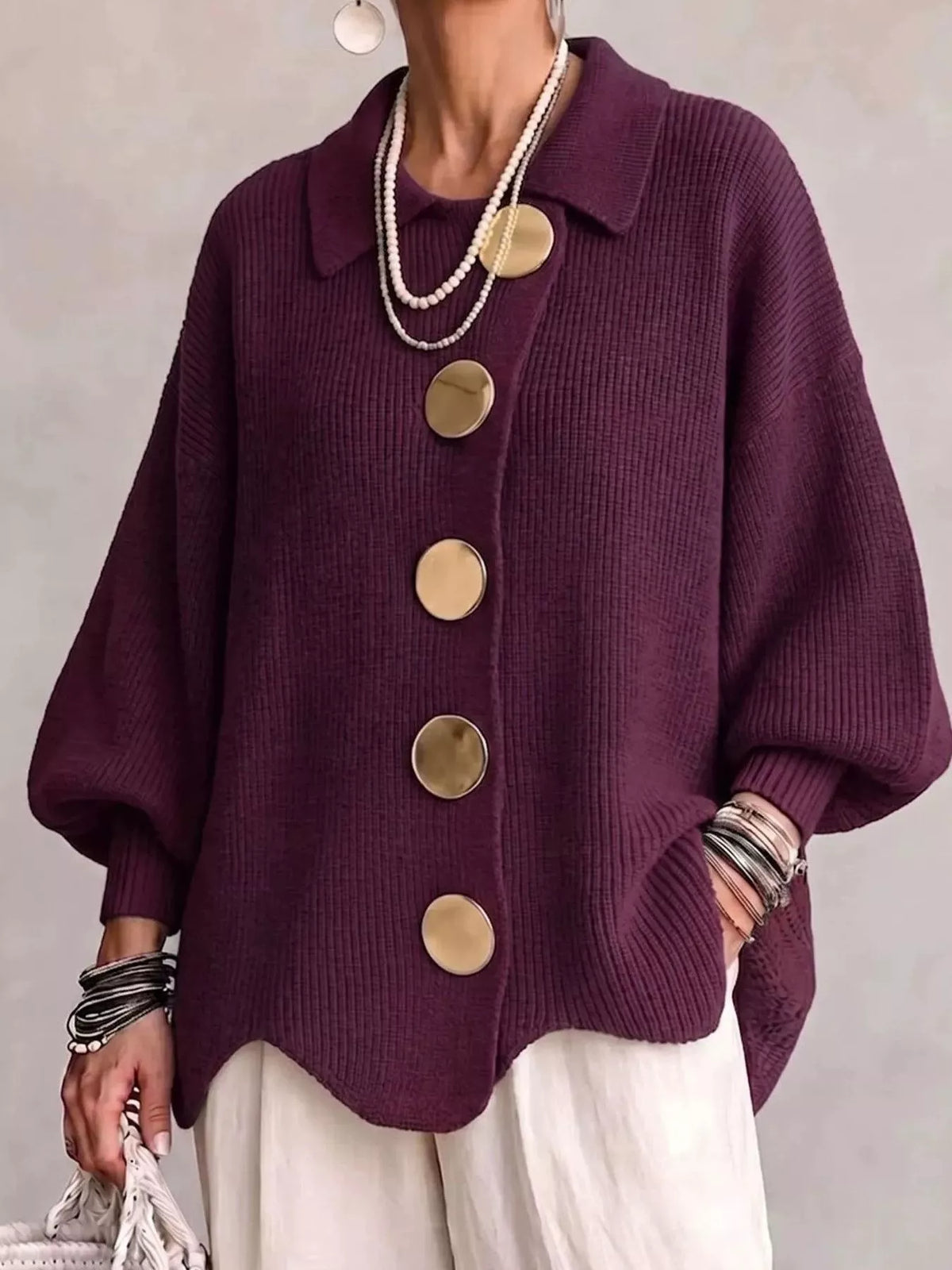 Trendsi Full Size Gold Buttons Lantern Sleeve Cardigan Plus Size -