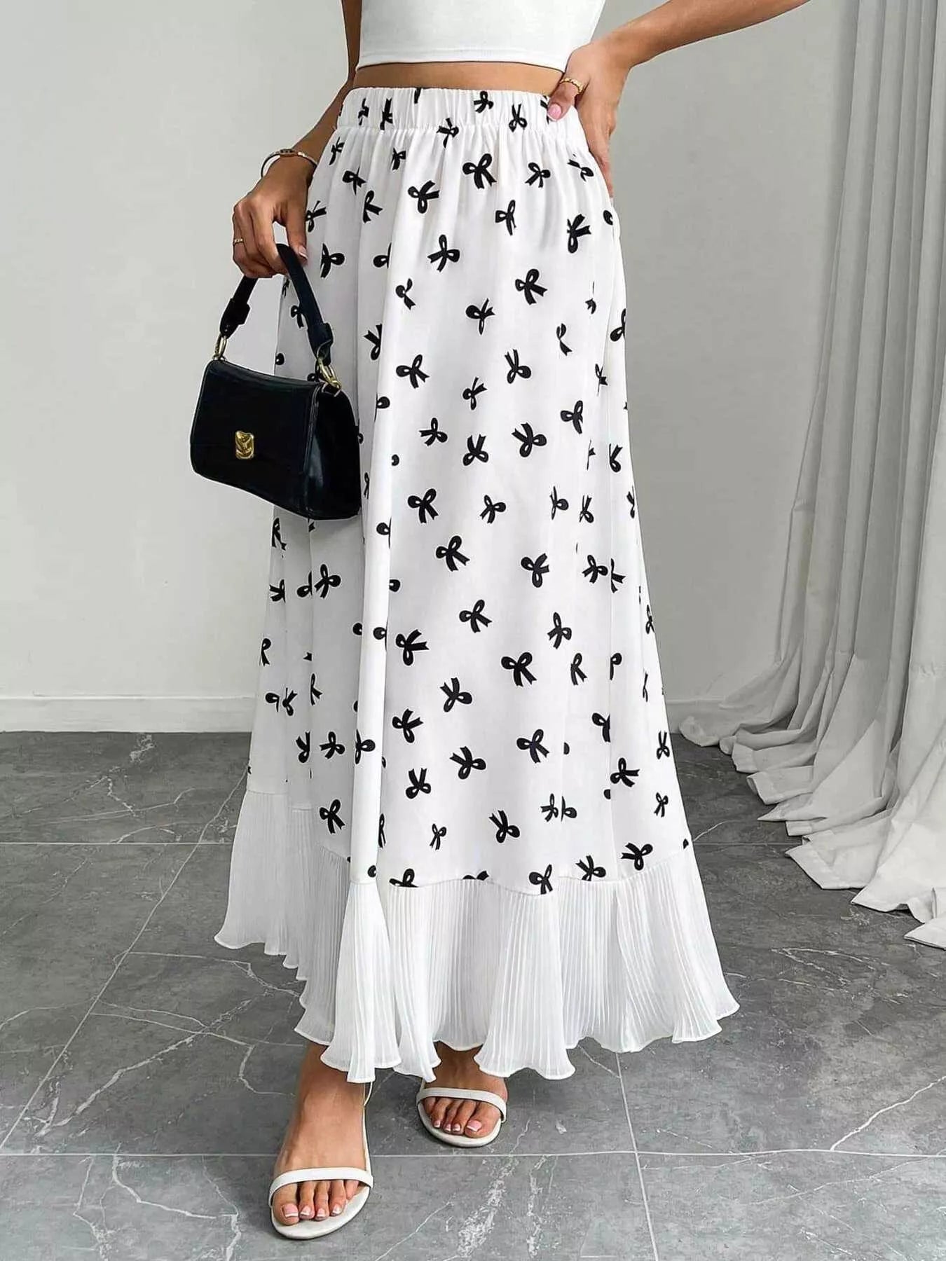 Trendsi Bow Print Ruffle Hem Flowy Maxi Skirt -