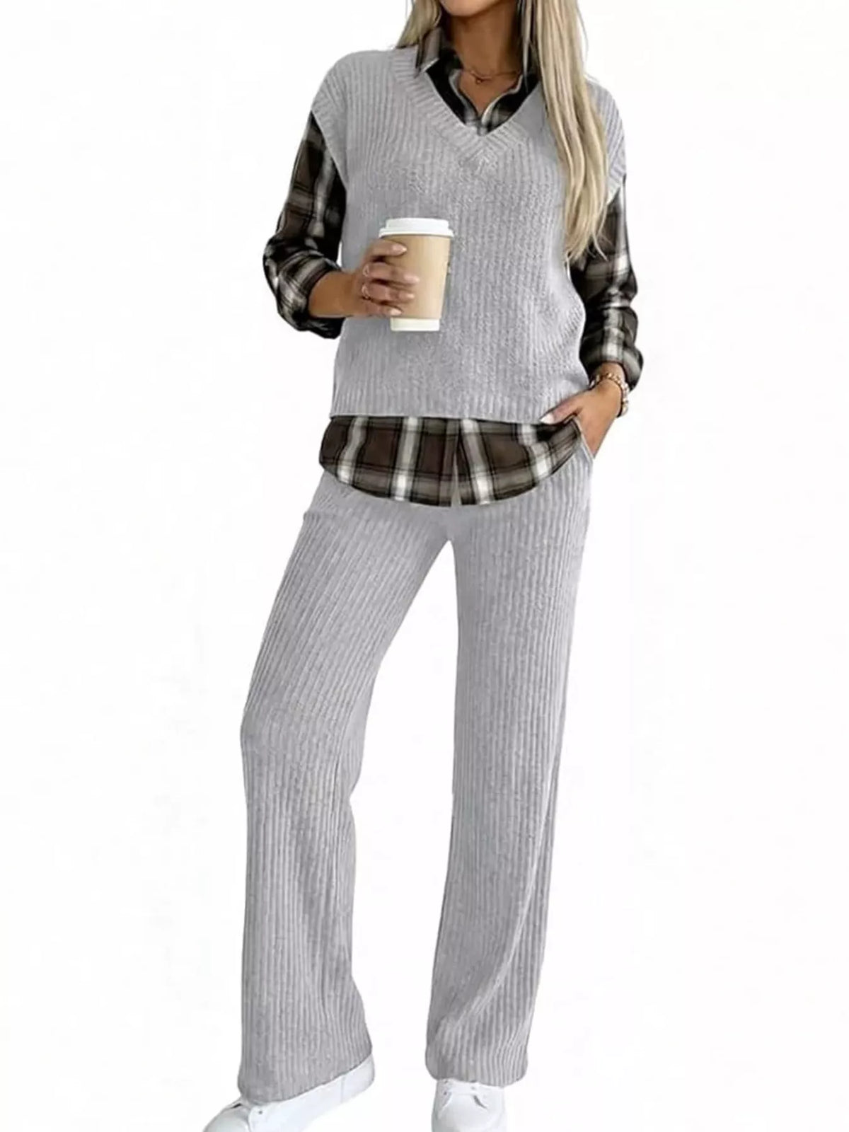 Trendsi Ribbed Knit Plaid Sleeve Top & Pants Set -