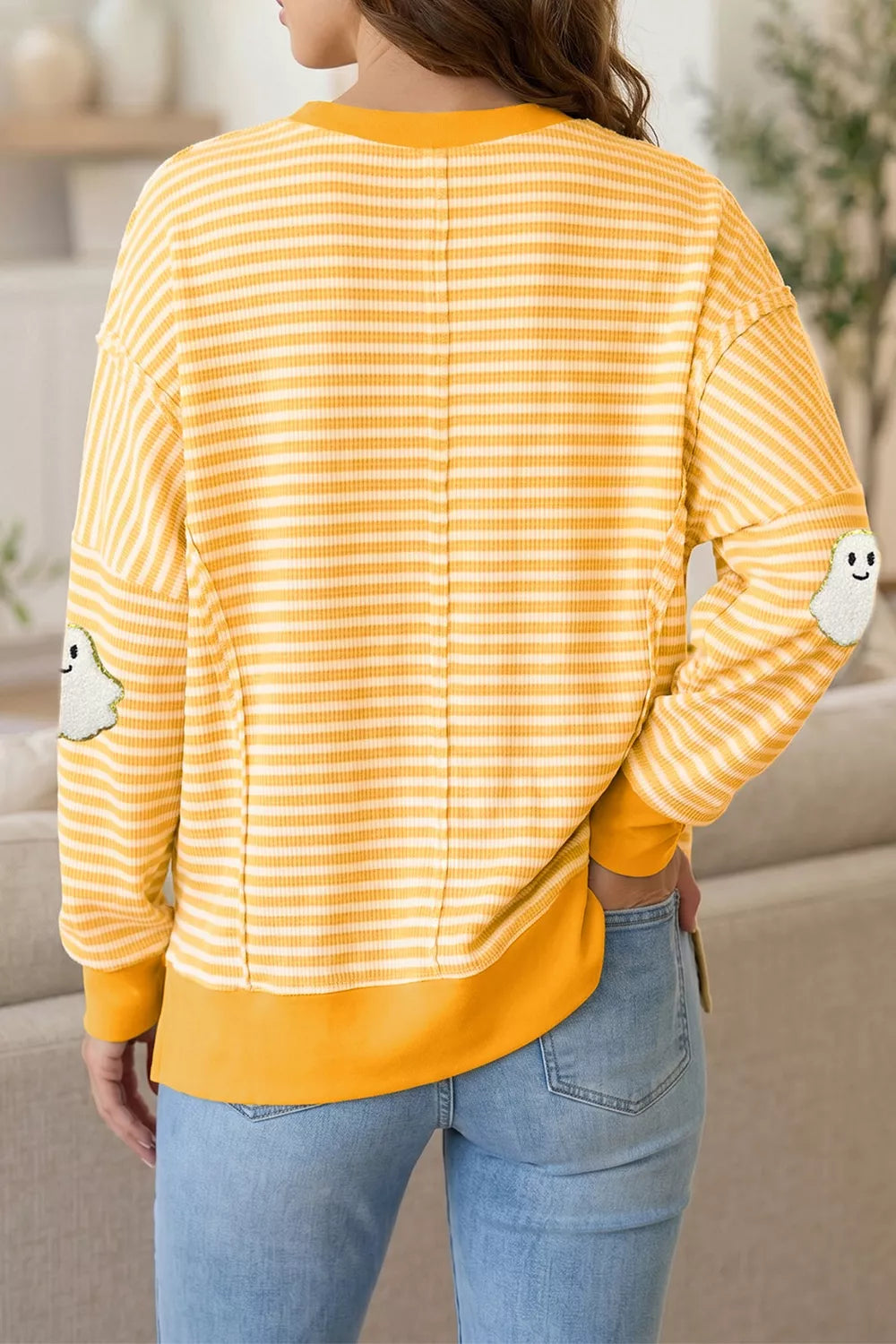 Trendsi Stripe Halloween Ghost Patch Round Neck Long Sleeve Top -