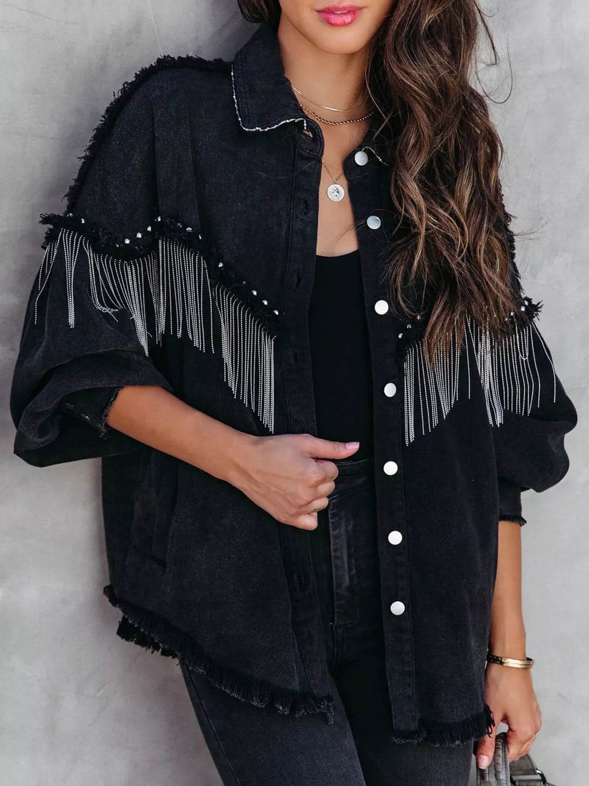Fringe Washed Denim Jacket, front view