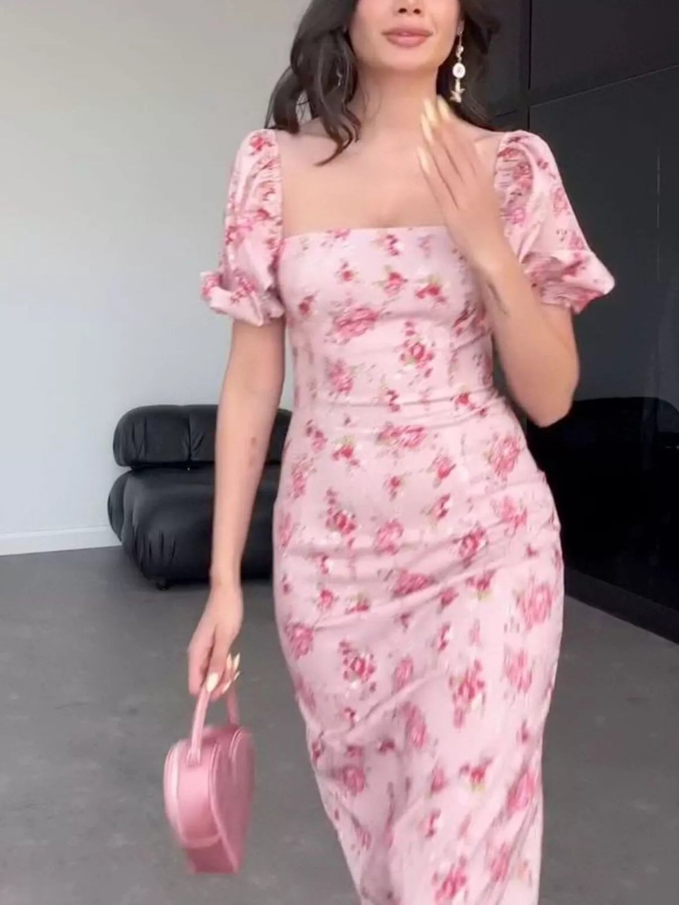 Trendsi Floral Puff Sleeve Ruched Midi Dress -