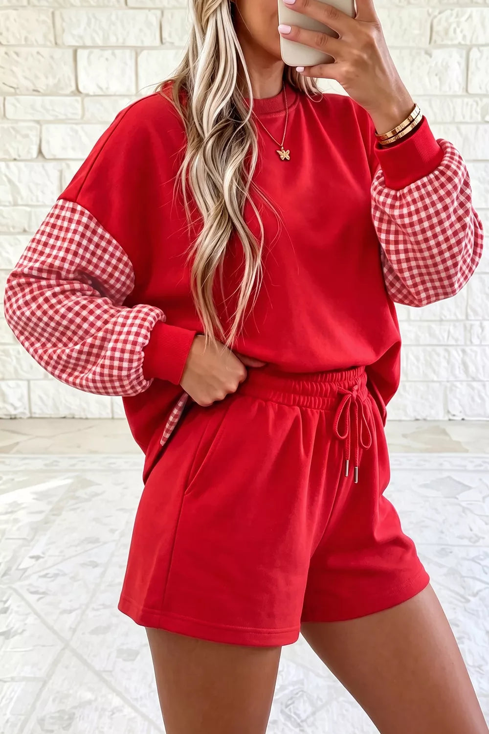 Trendsi Gingham Patchwork Long Sleeve Sweatshirt and Shorts Set -