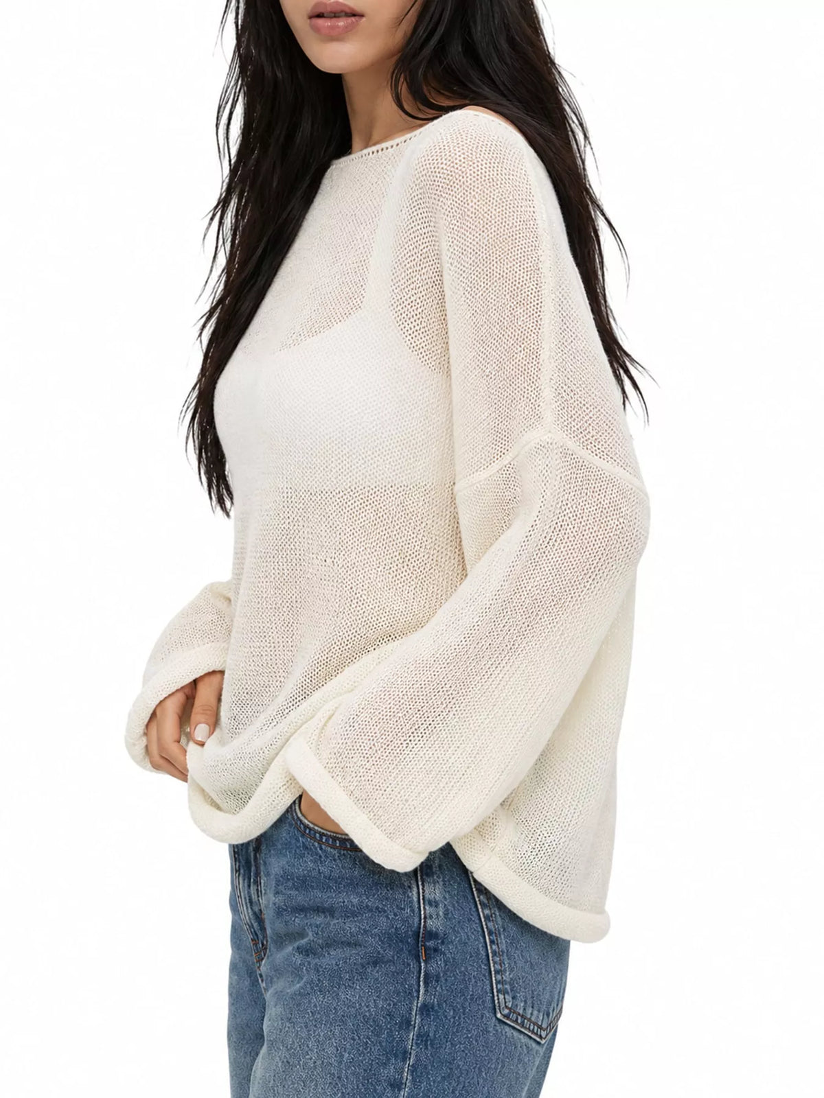 Ivory sheer openwork knit long sleeve top