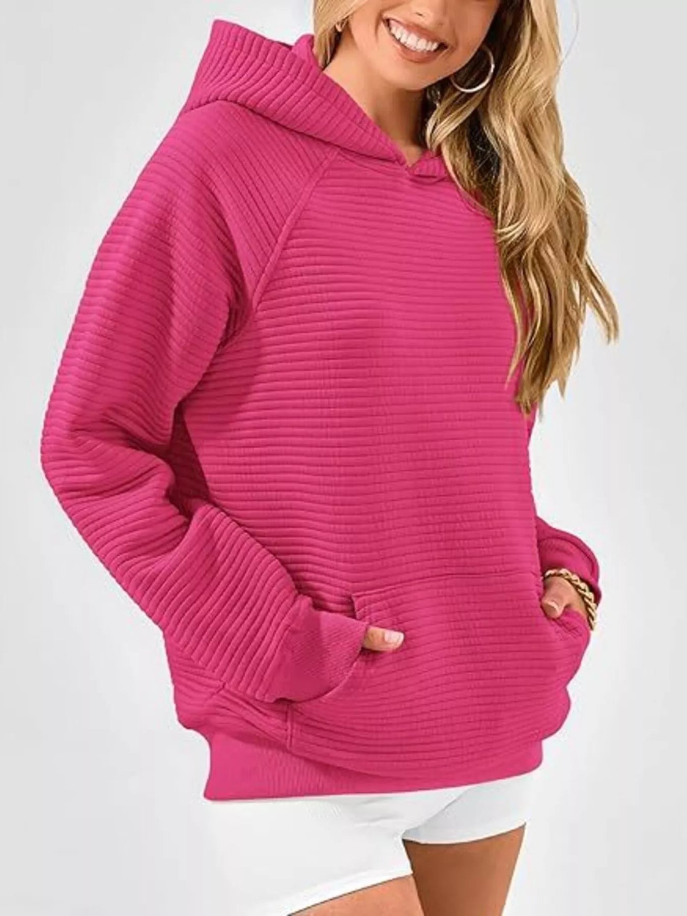 Trendsi Texture Kangaroo Pocket Raglan Sleeve Hoodie -
