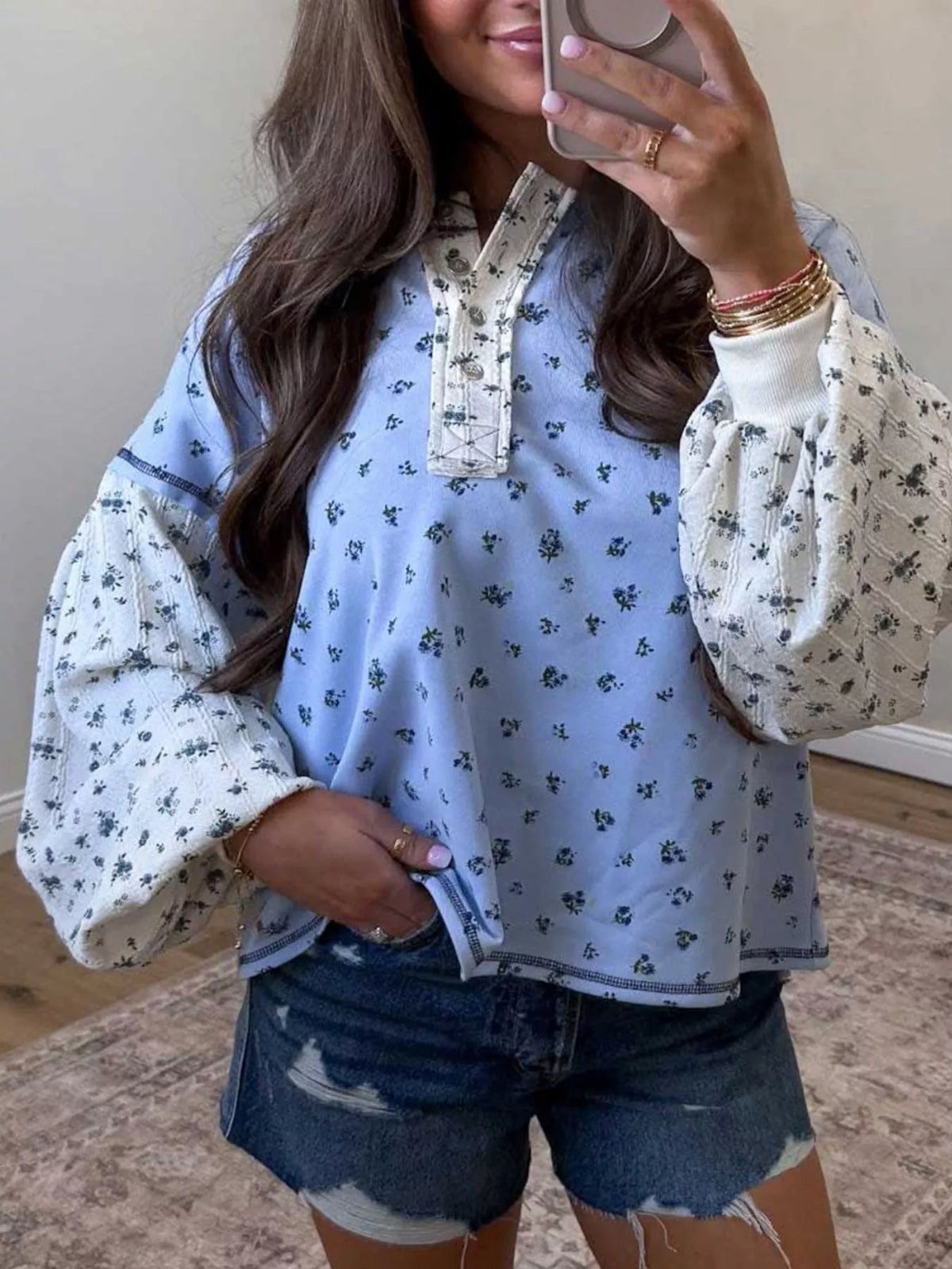 Floral Contrast Long Sleeve Top, front view