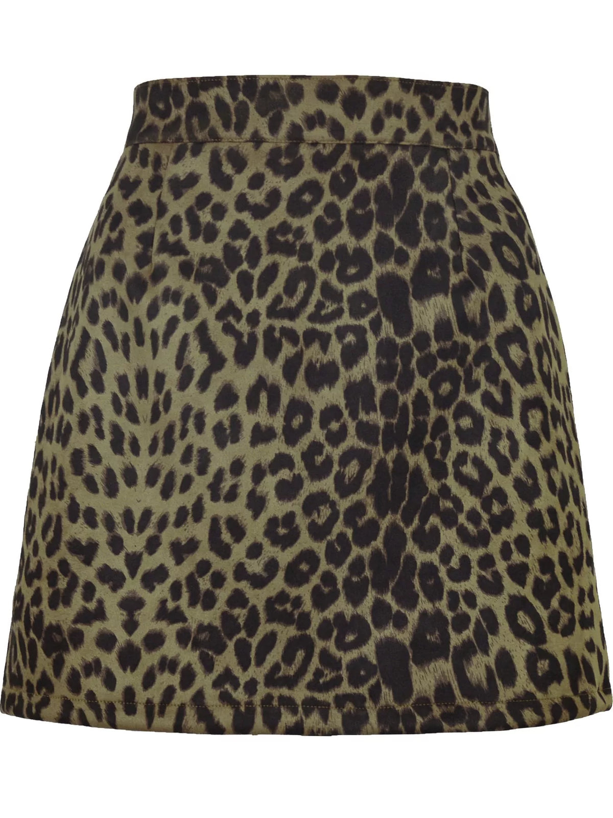 Zip-up mini skirt, olive leopard-print flat front