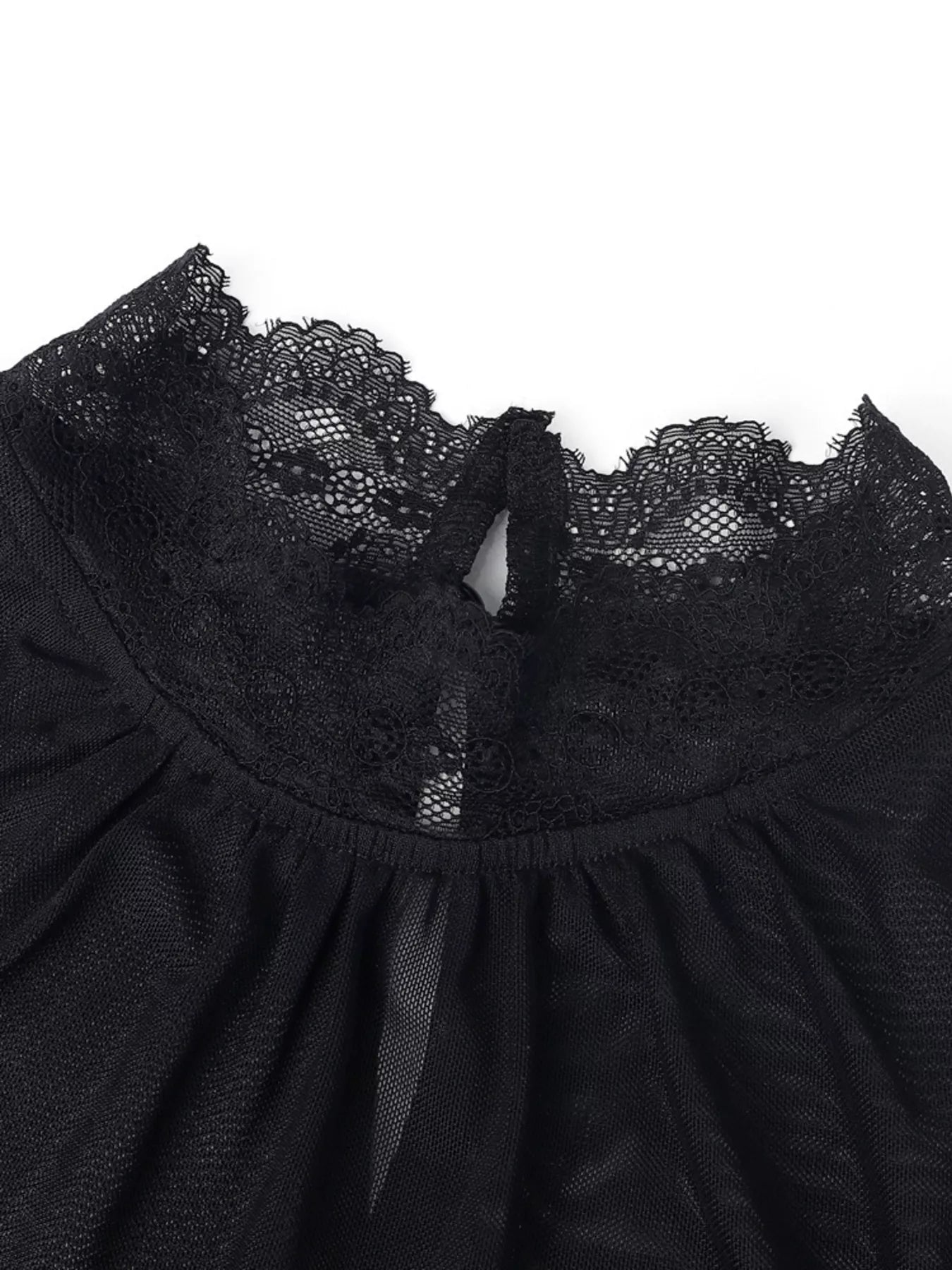 Trendsi Lace Trim Velvet Sheer Sleeve Blouse -