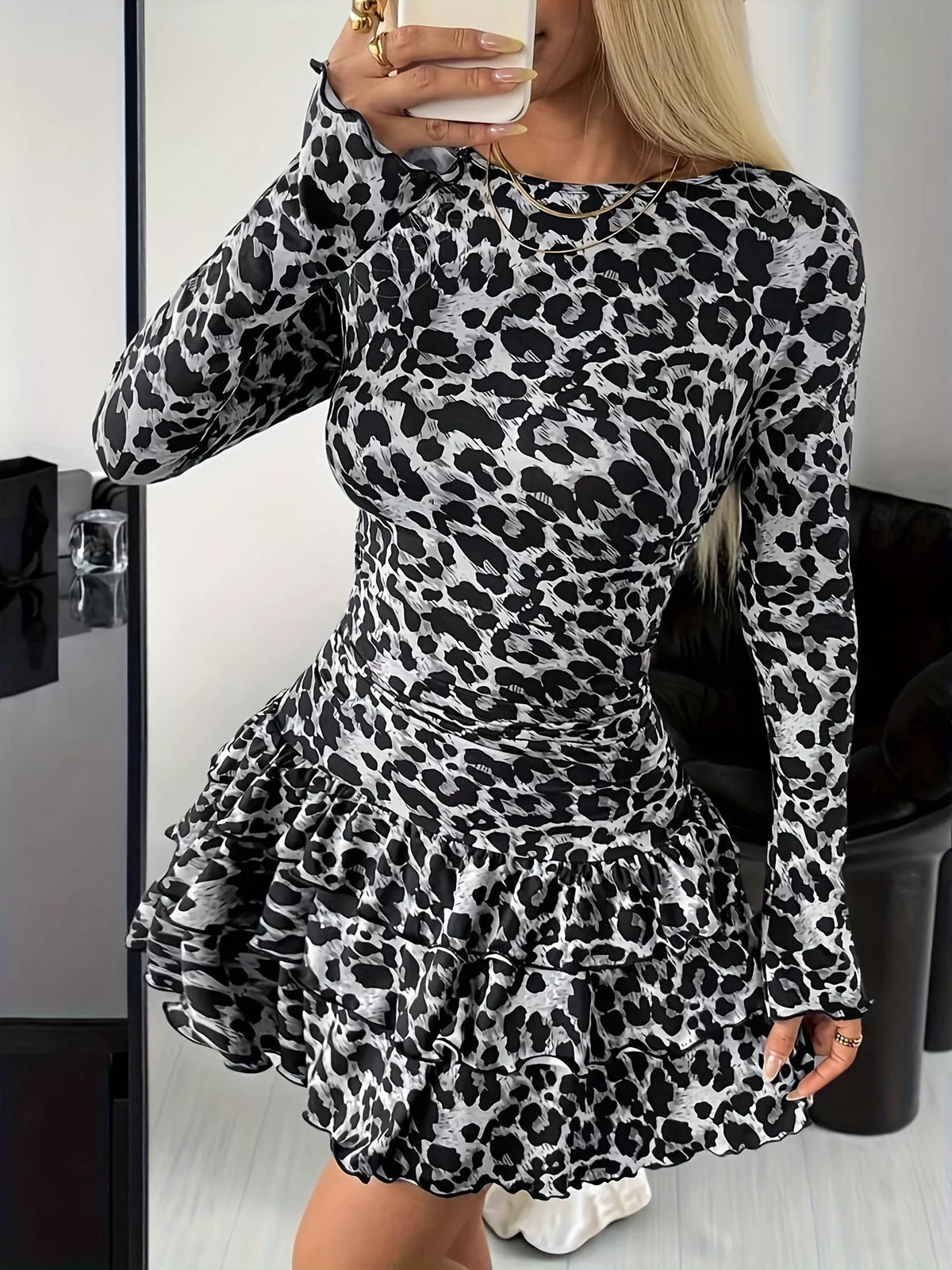 Round neck long sleeve mini dress, front view on model