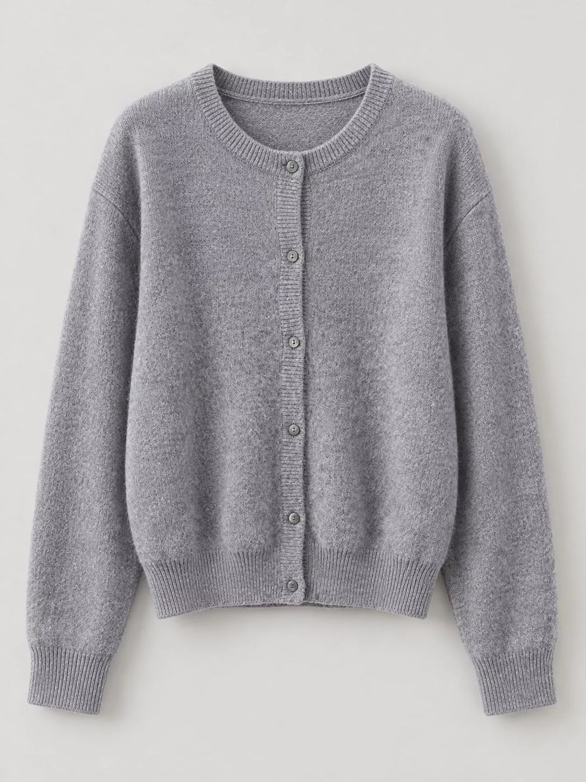 Women's Crew Neck Button-Down Knit Cardigan in gray — flat lay view