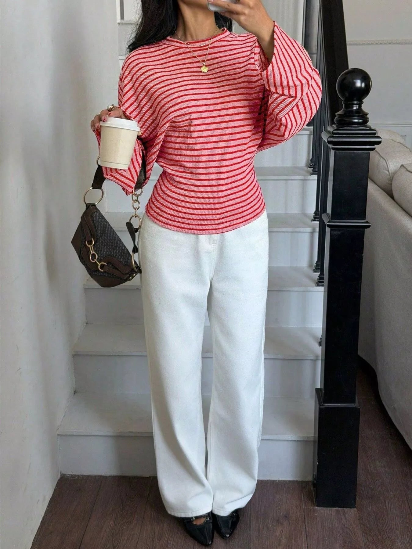 Trendsi Casual Striped Batwing Sleeve T-Shirt -