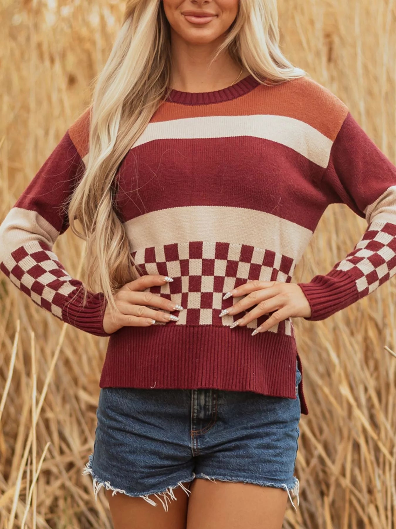 Trendsi Checkered Color Block Knitted Drop Shoulder Sweater -