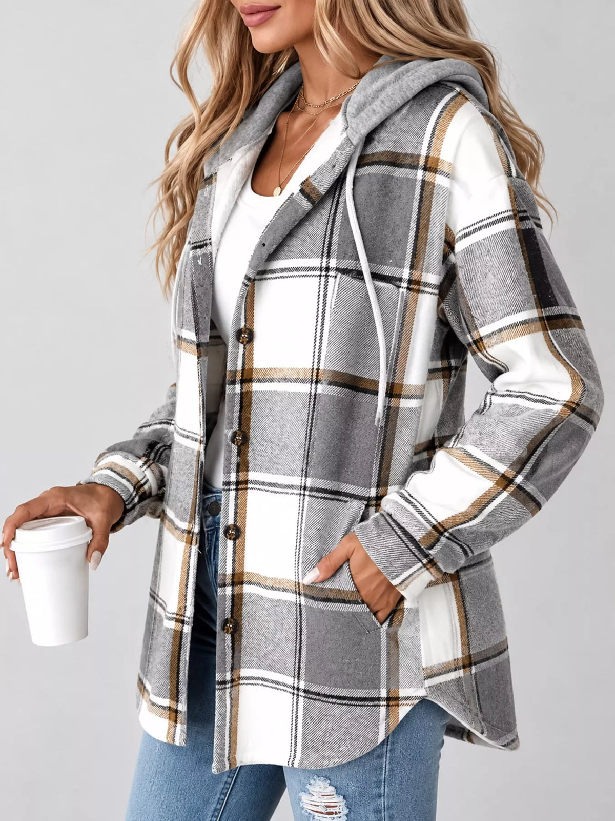 Button-Down Printed Contrast Hooded Shacket — side view