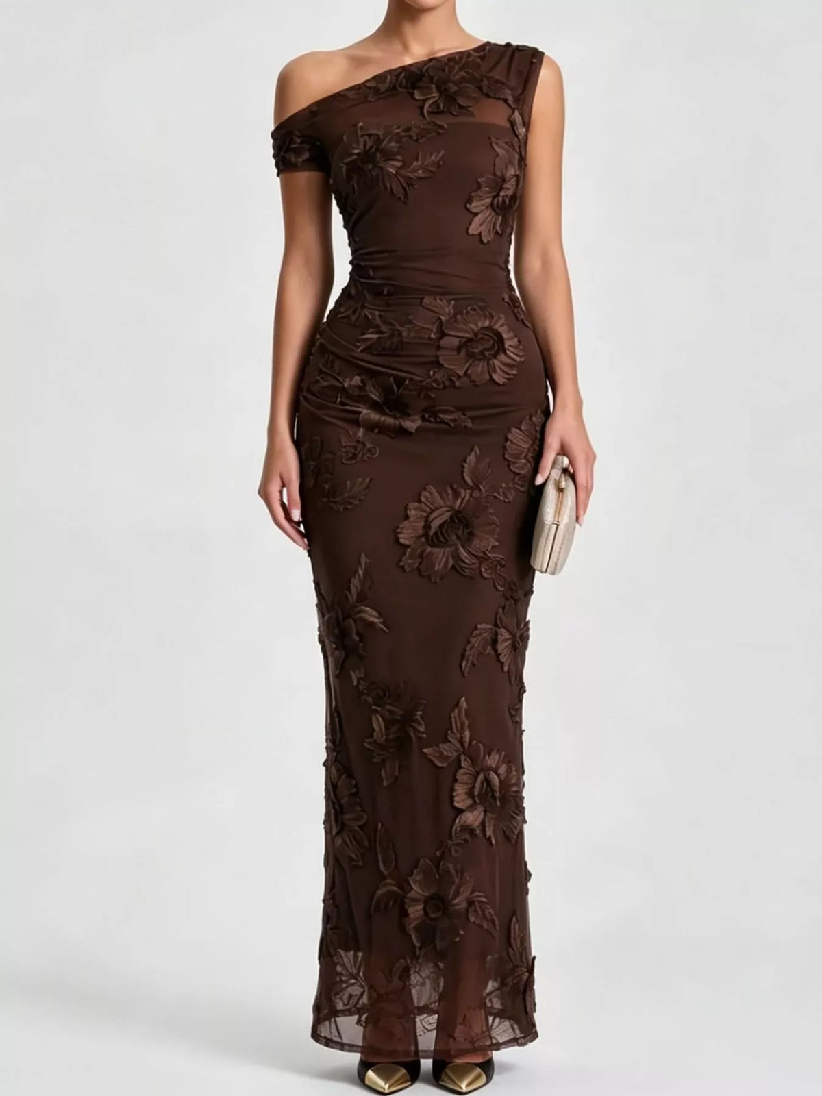 Brown floral one-shoulder maxi dress, front view