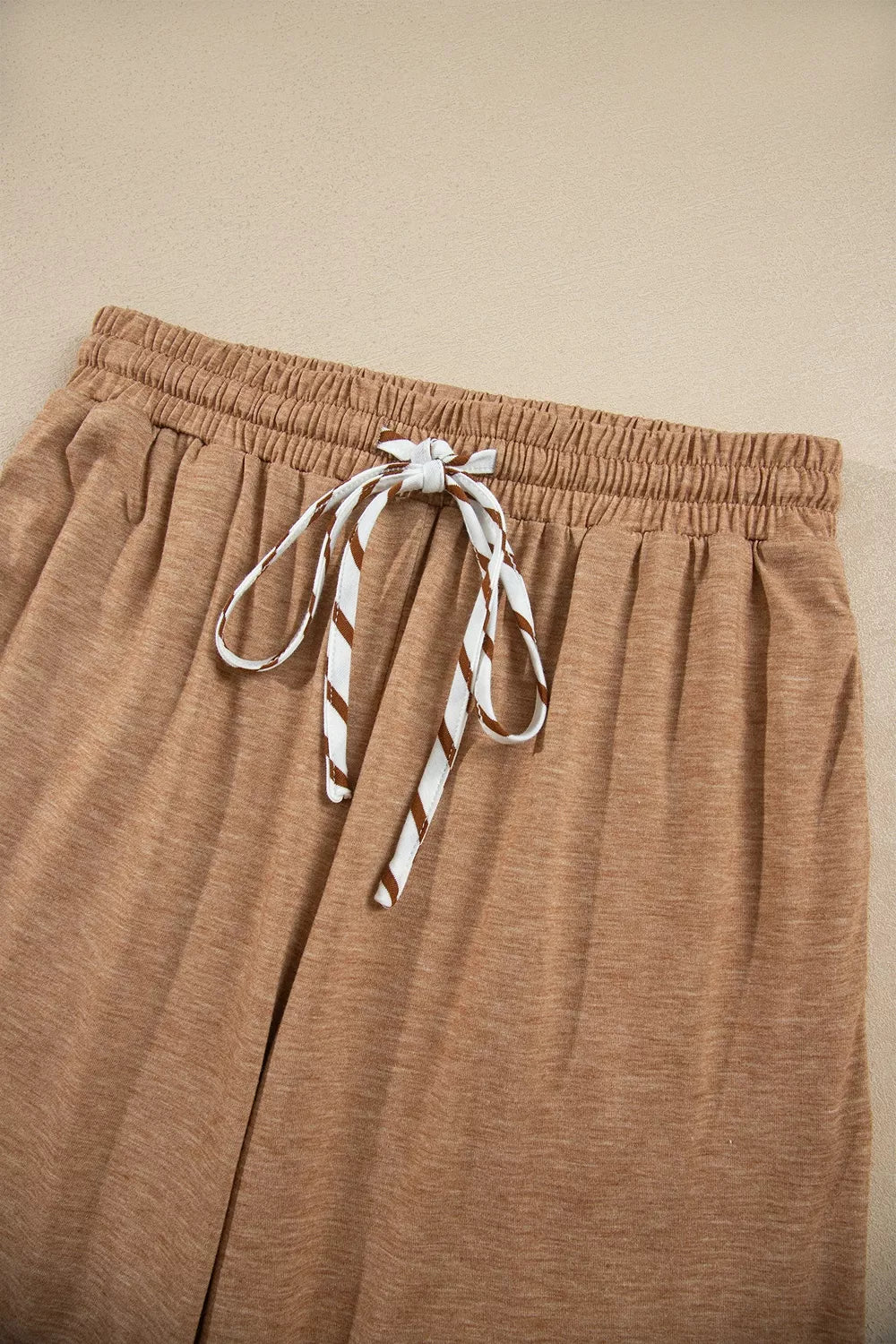 Trendsi Stripe V Neck Ruffle Contrast Sleeve Top Drawstring Pants 2pcs Set -