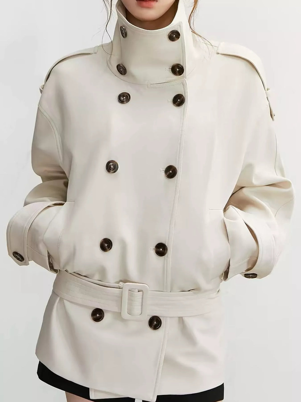 Cream double-breasted high-neck belted trench coat
