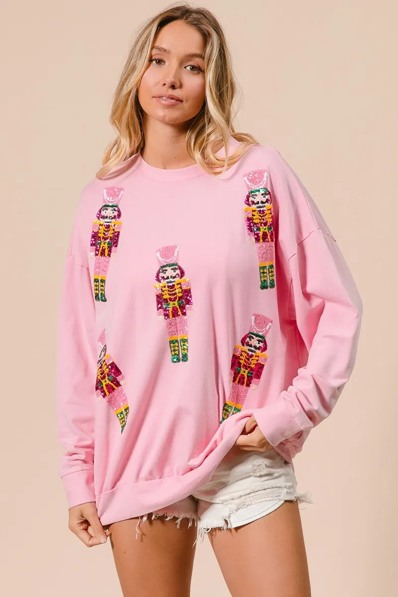 Women’s Christmas Sweatshirt Sequin Nutcrackers Embroidery Cotton Embroidered - alternate view 5