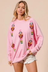 Trendsi BiBi Sequin Nutcrackers Embroidery Christmas Sweatshirt -