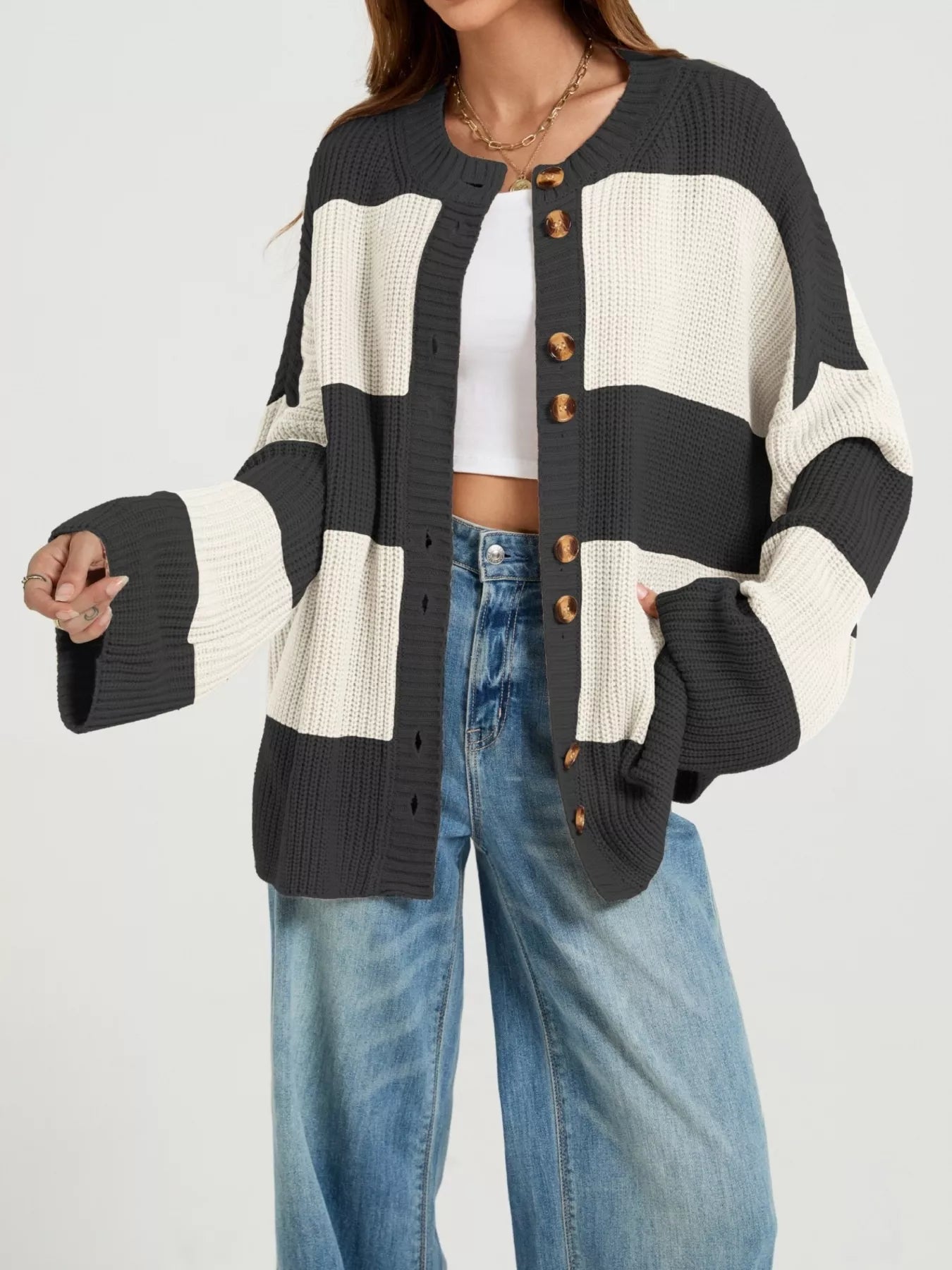 Trendsi Color Block Striped Button-Up Cardigan -