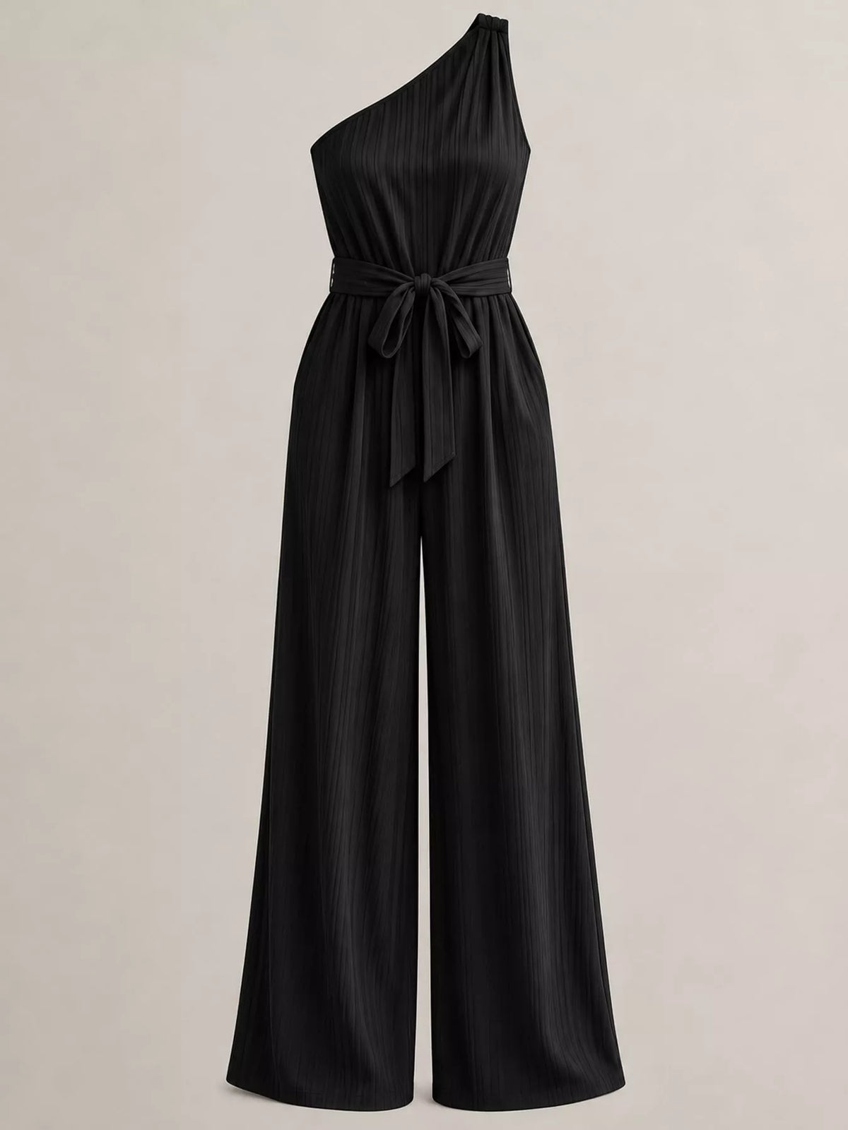One-Shoulder Wide-Leg Jumpsuit in black, front view