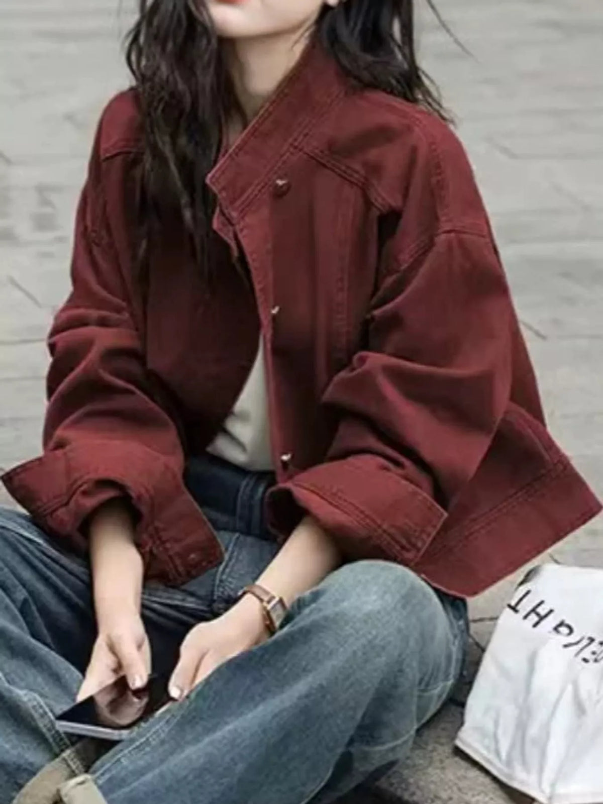 Women's Button Up Dropped Shoulder Denim Jacket in burgundy — front view