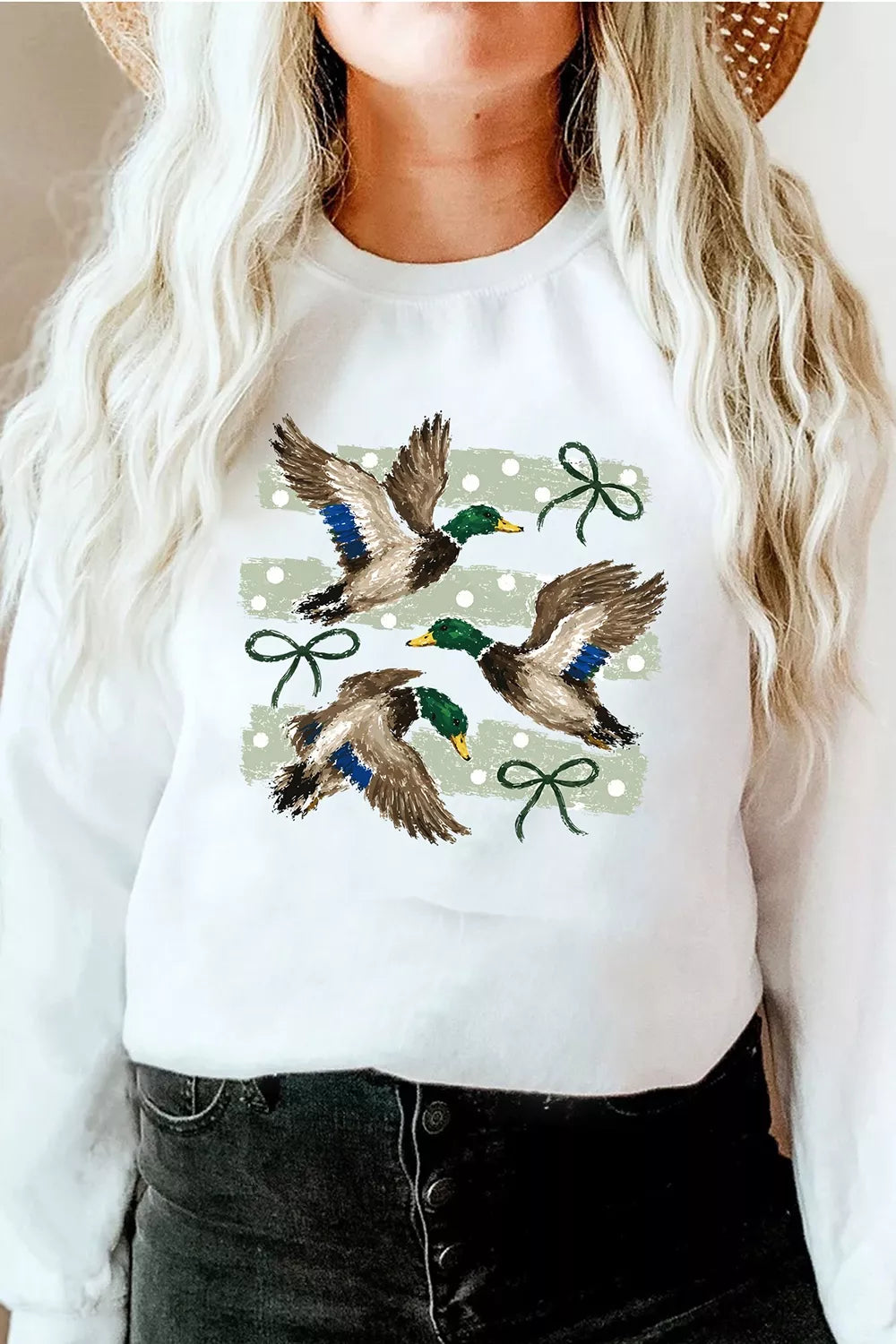 Mallard Bow Graphic Crew Neck Sweatshirt — front view