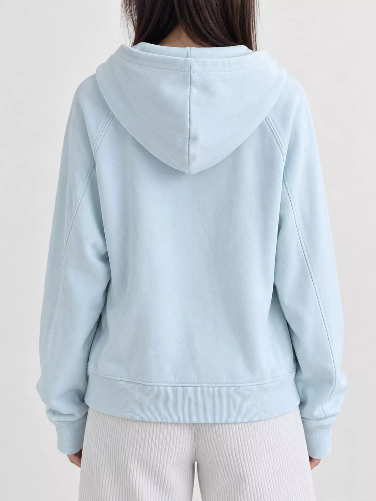 Women's Zip Up Raglan Sleeve Hoodie in light blue — back view