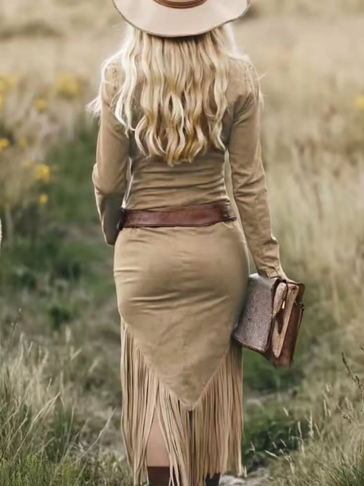 Tan fringed zip-front dress, back view