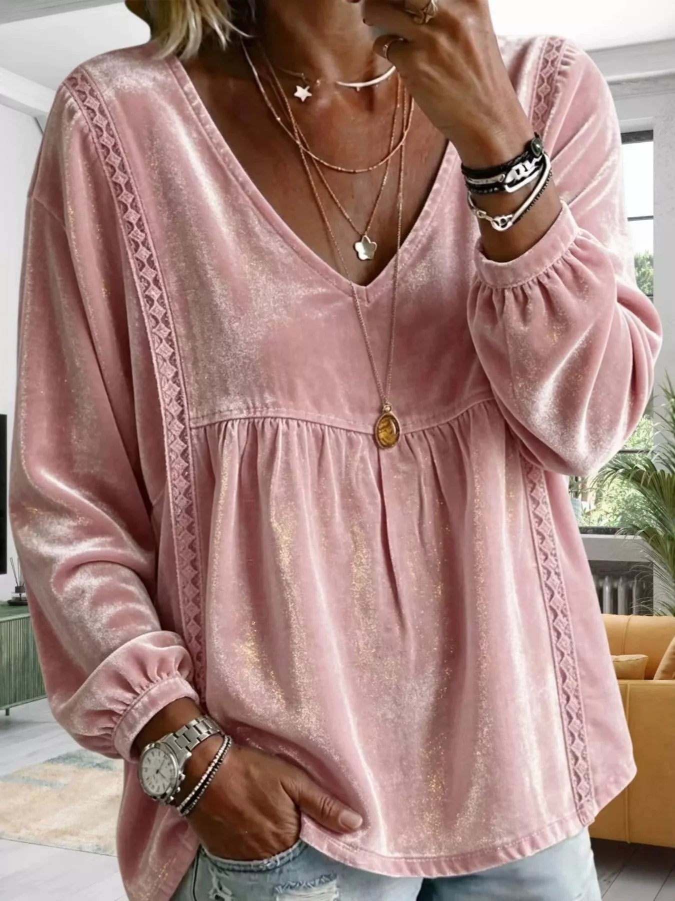Trendsi Full Size Velvet Lace Detail V-Neck Blouse Plus Size -