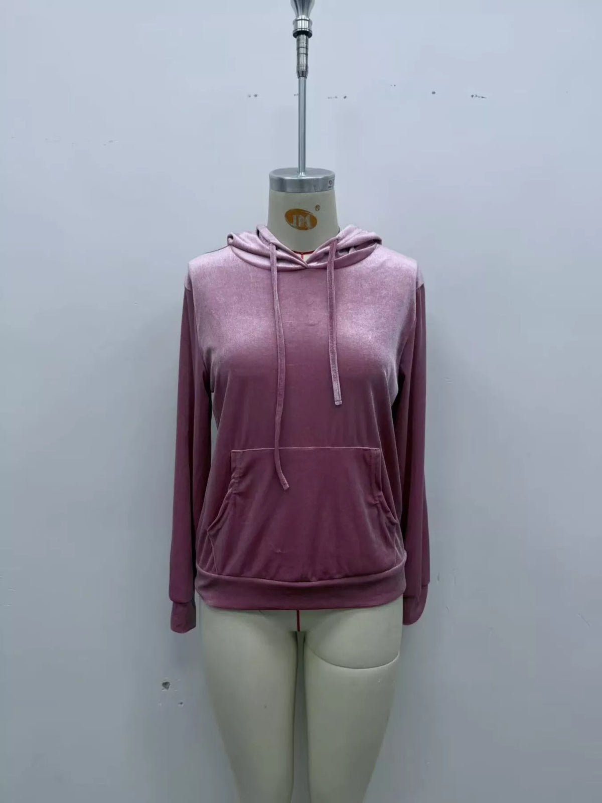 Women's Velvet Kangaroo Pocket Hoodie in Dusty Pink, alternate view
