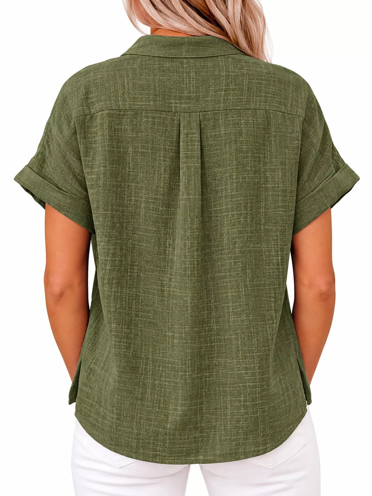 Women's Button Up Short Sleeve Shirt in olive — back view